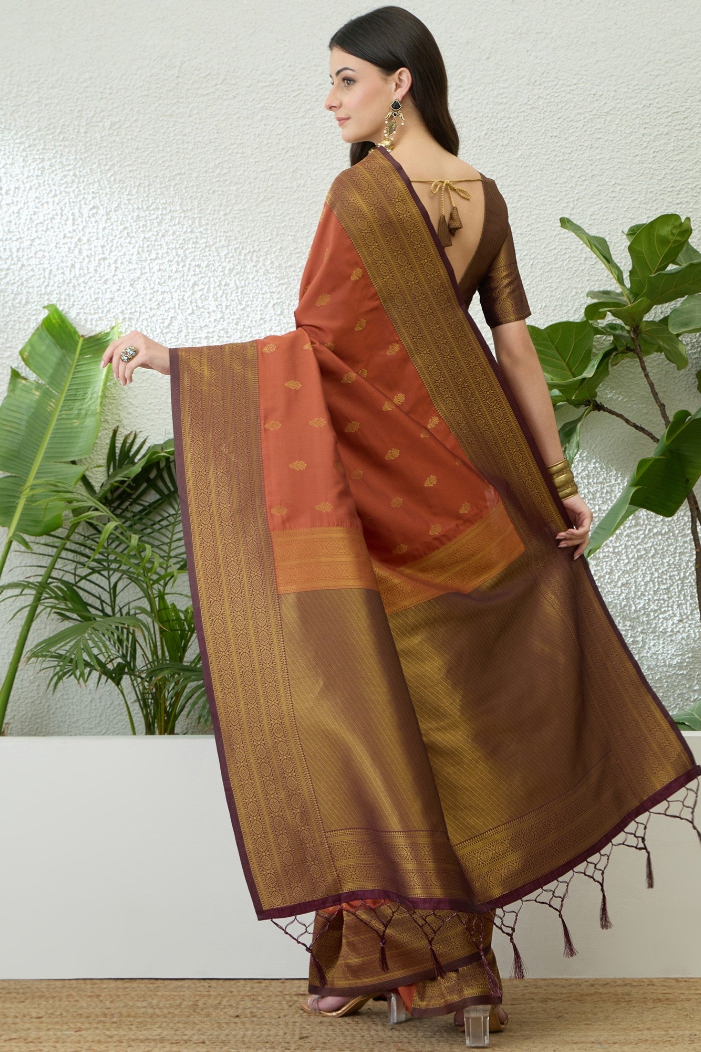 Buy MySilkLove Chestnut Brown Banarasi Woven Soft Silk Saree Online