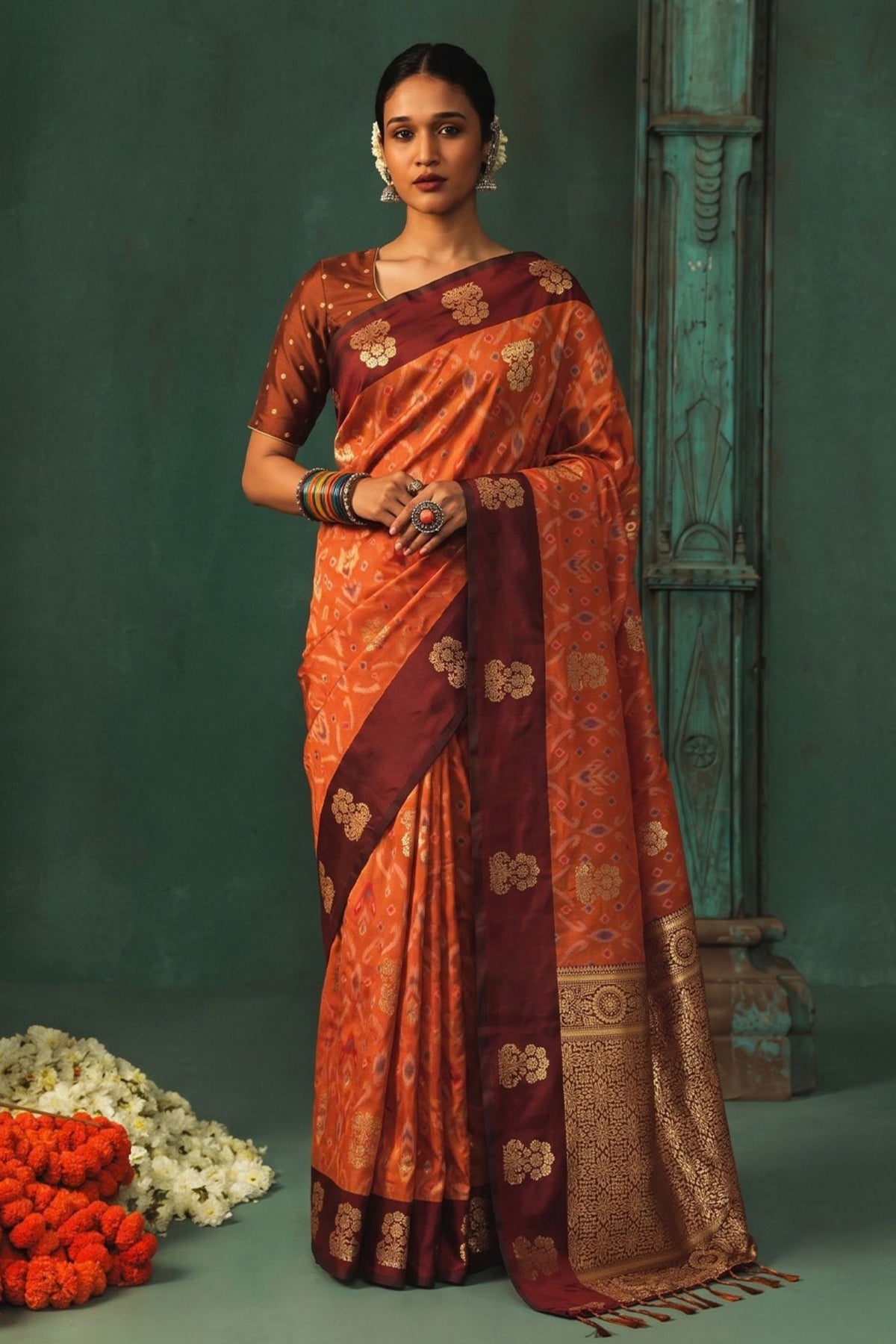 Buy MySilkLove Mandarin Orange Woven Banarasi Silk Saree Online