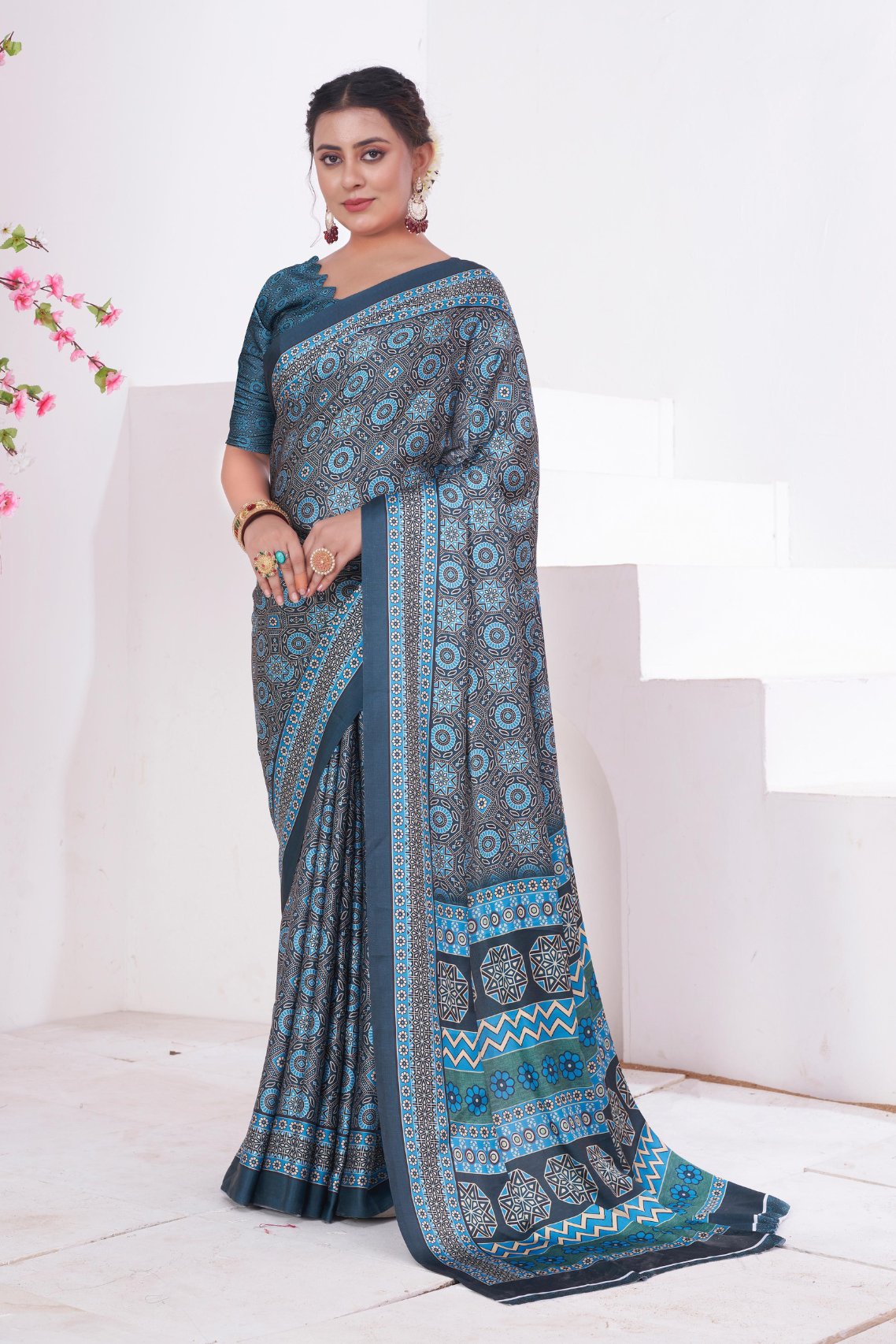 Buy MySilkLove Ship Cove Blue Ajrakh Printed Satin Crepe Saree Online