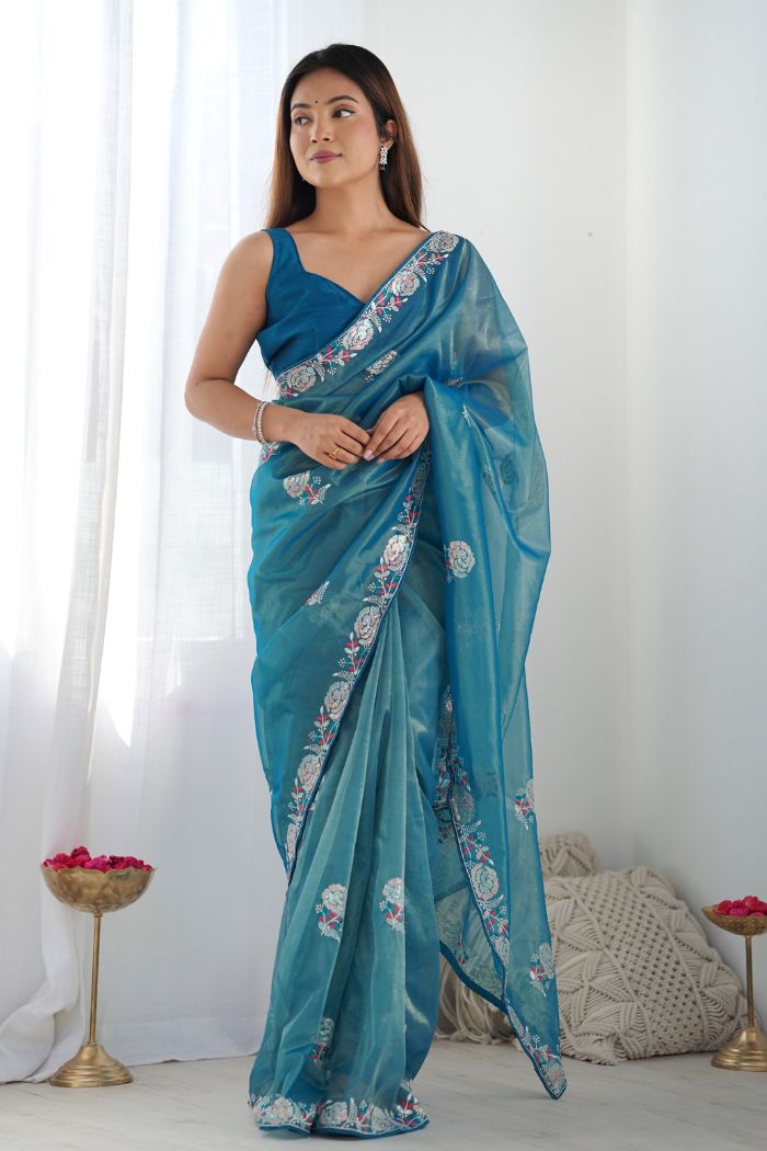 Buy MySilkLove Venice Blue Partywear Net saree Online