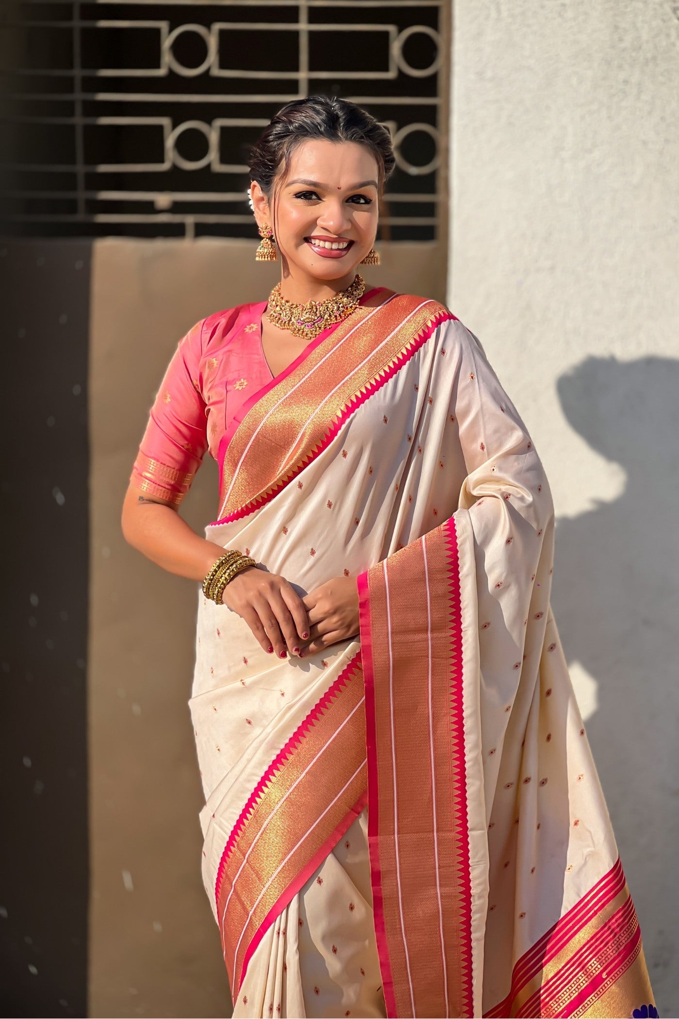 MySilkLove Navajo White Zari Woven Paithani Saree