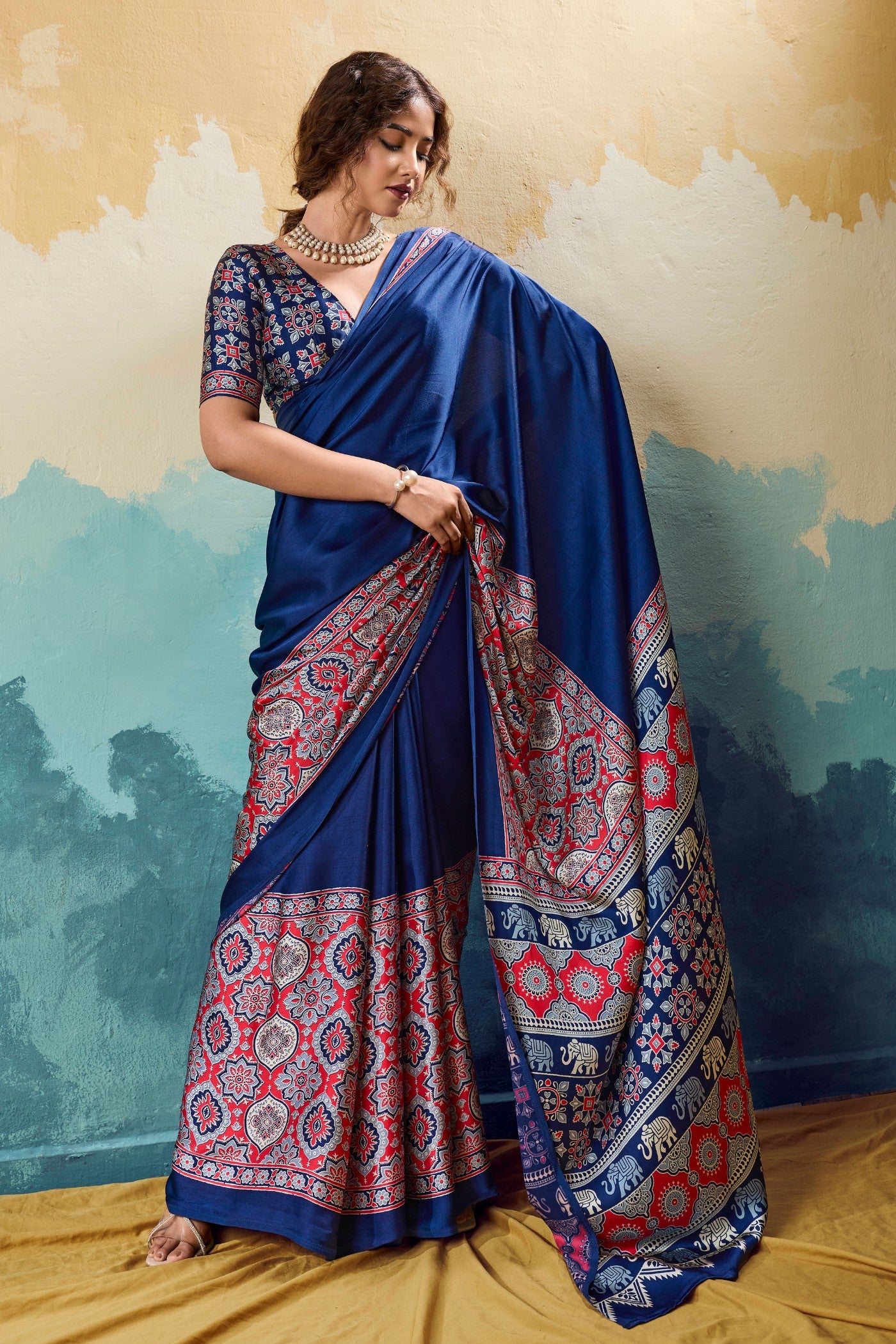 Buy MySilkLove Cloudy Blue Modal Ajrakh Satin Printed Silk Saree Online
