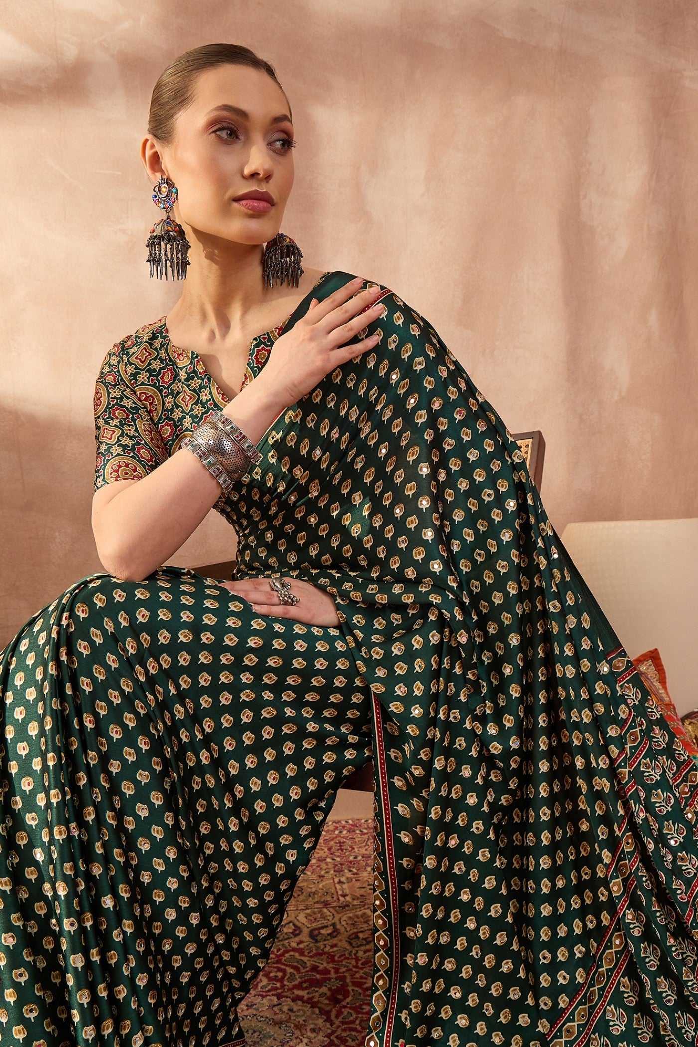 Buy MySilkLove Evergreen Modal Ajrakh Satin Printed Silk Saree Online
