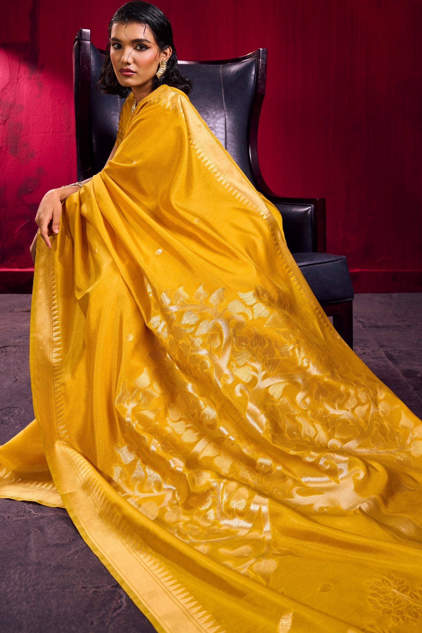 Buy MySilkLove Saffron Yellow Handloom Satin Linen Silk Saree Online