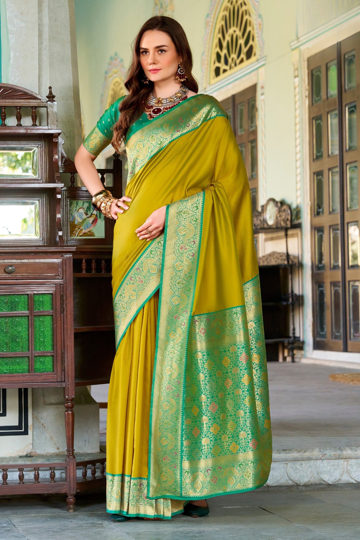 Buy MySilkLove Harlequin Green Woven Banarasi Soft Silk Saree Online