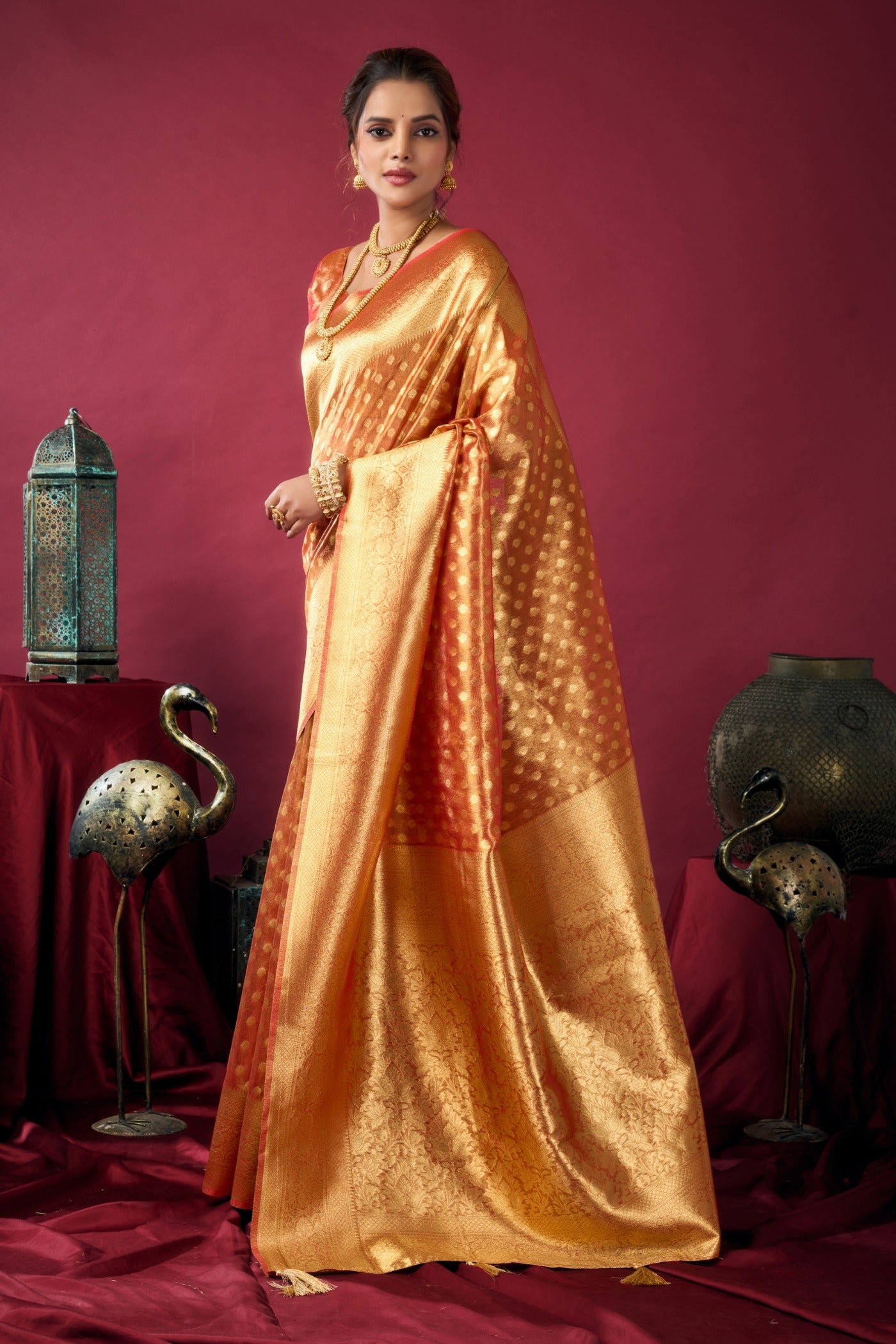 Buy MySilkLove Smashed Orange Handloom Tissue Silk Saree Online