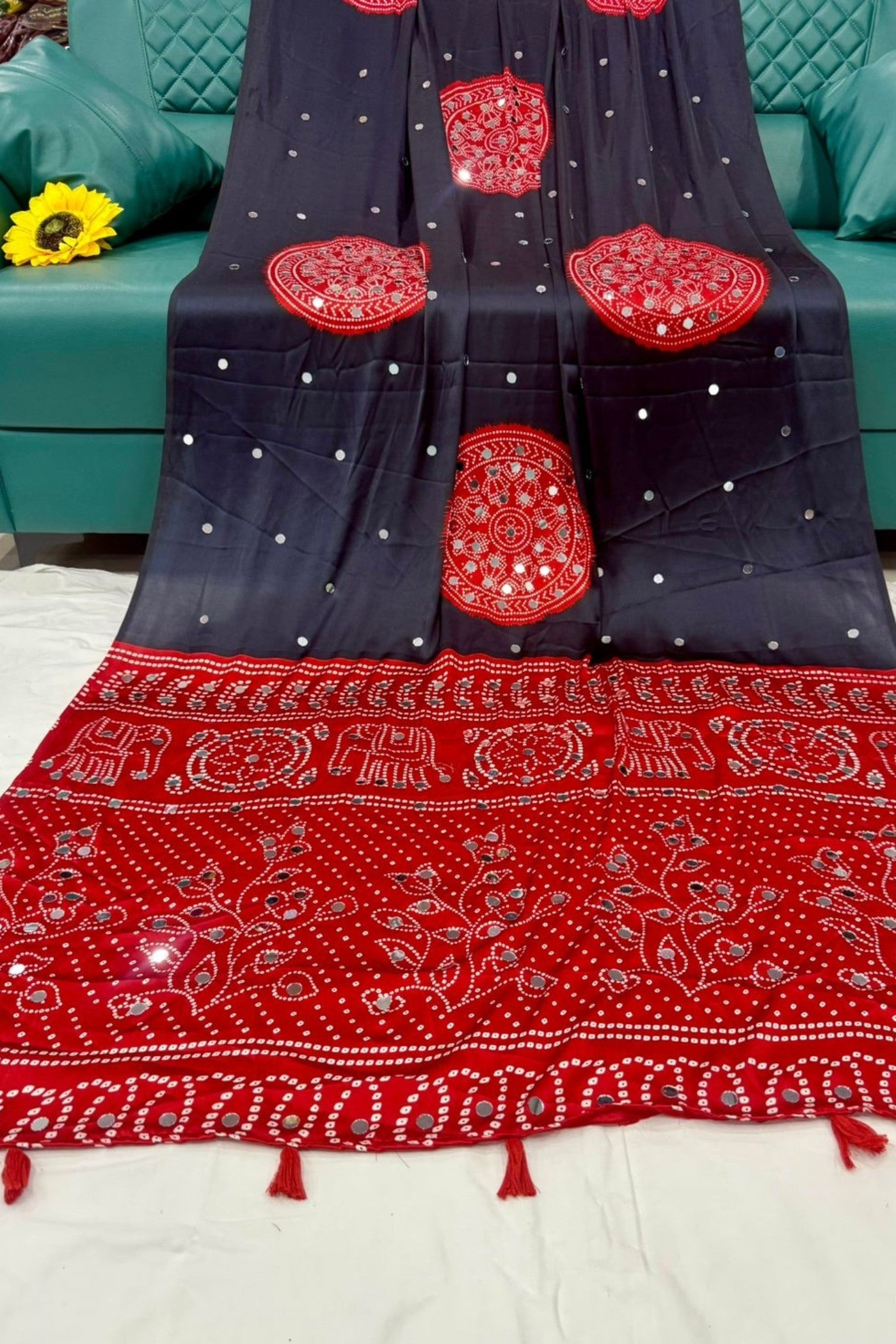 Buy MySilkLove Dark Majesty Black and Red Gaji Bandej Soft Silk Saree Online