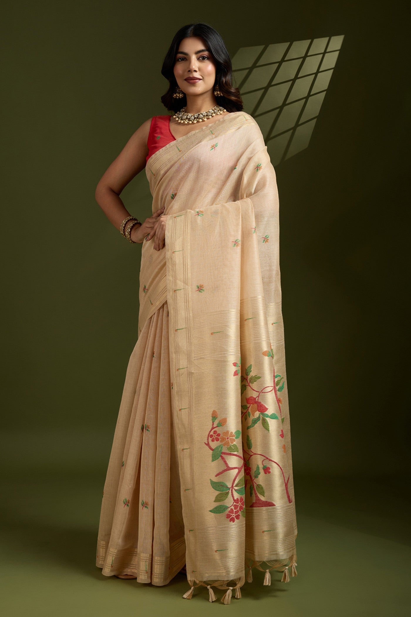 Buy MySilkLove Autumn Cream Woven Muga Cotton Paithani Saree Online