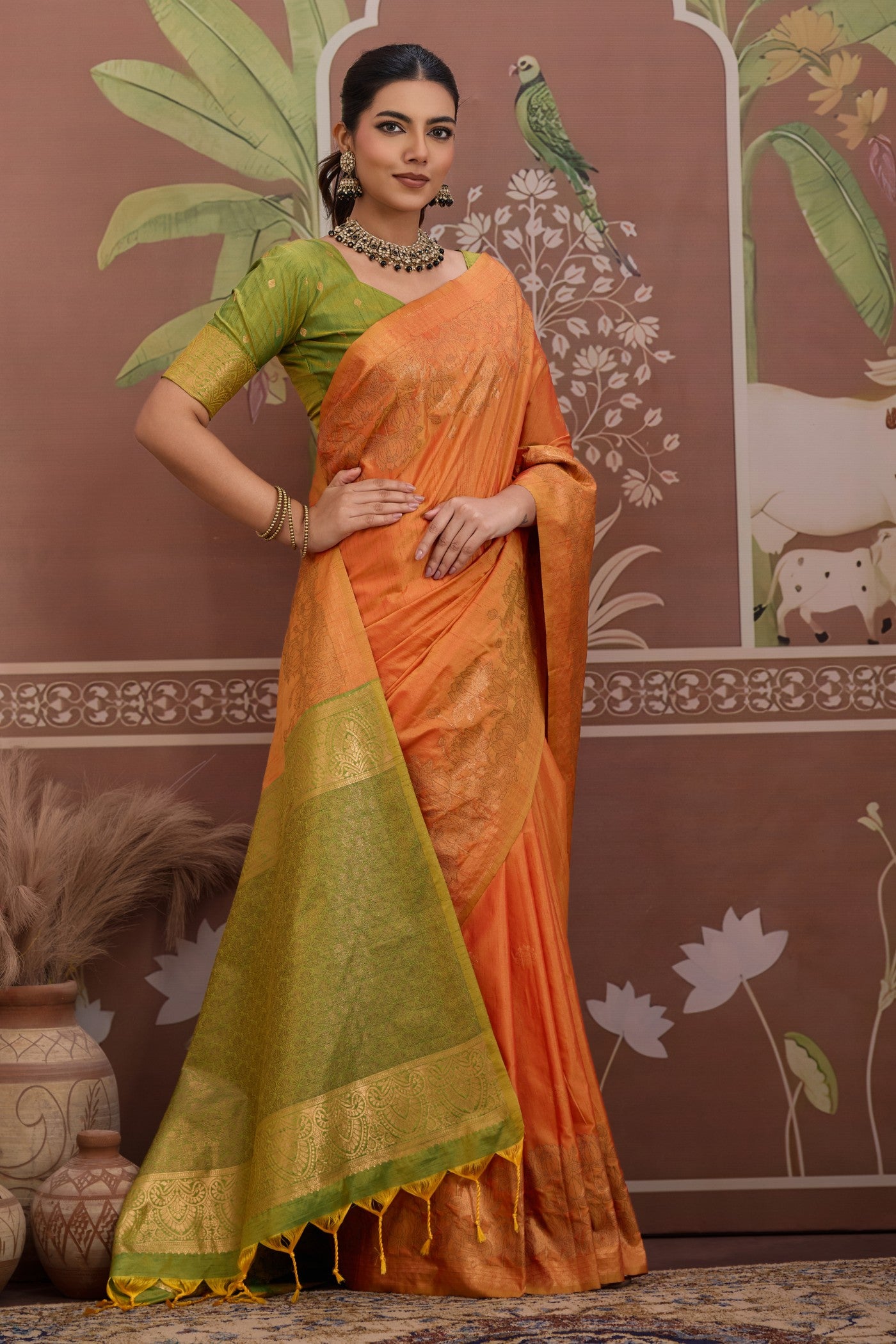 Buy MySilkLove Metallic Orange Banarasi Handloom Tussar Saree Online