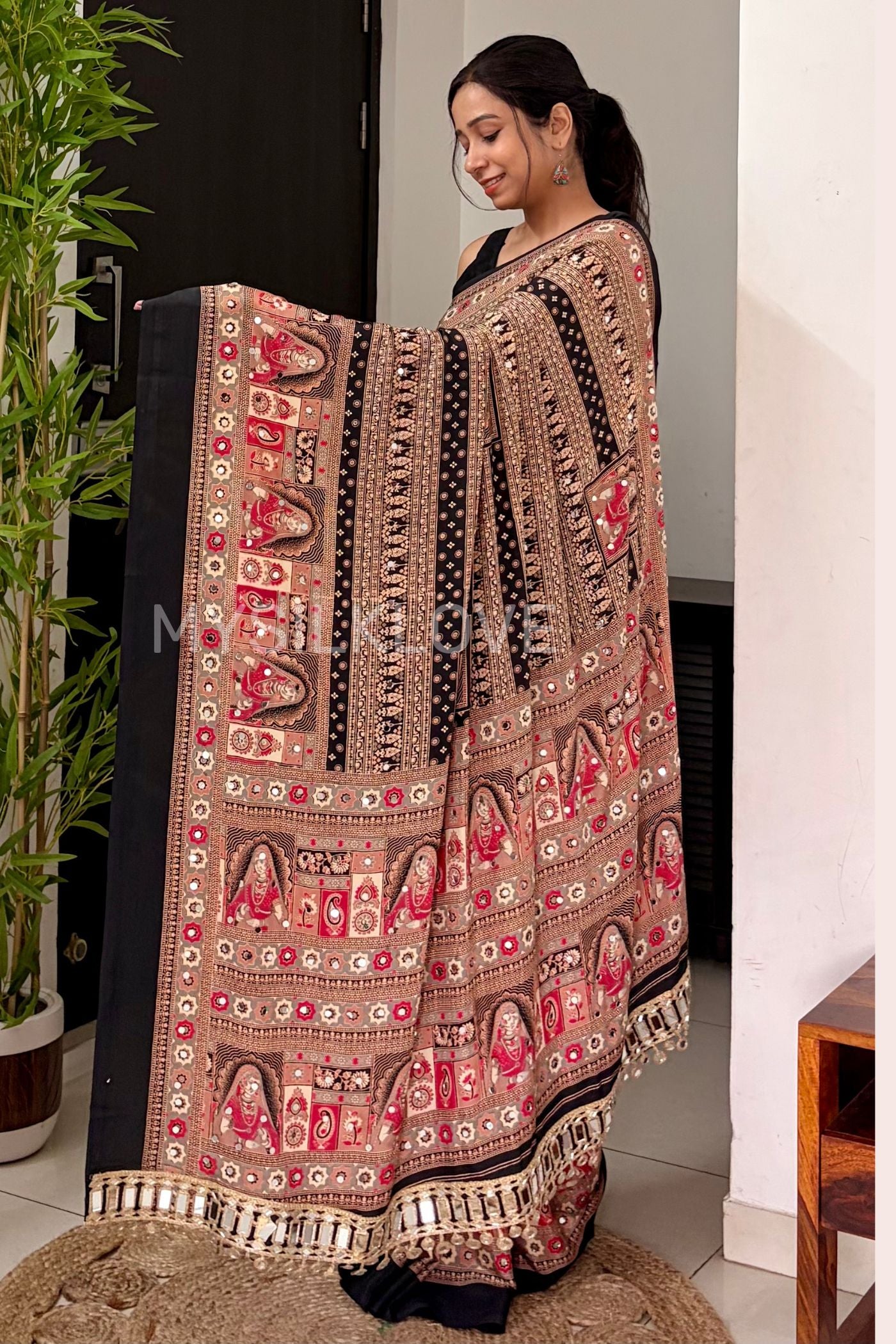 Buy MySilkLove Velvet Black Dulhan Print Satin Mirror Work Saree Online