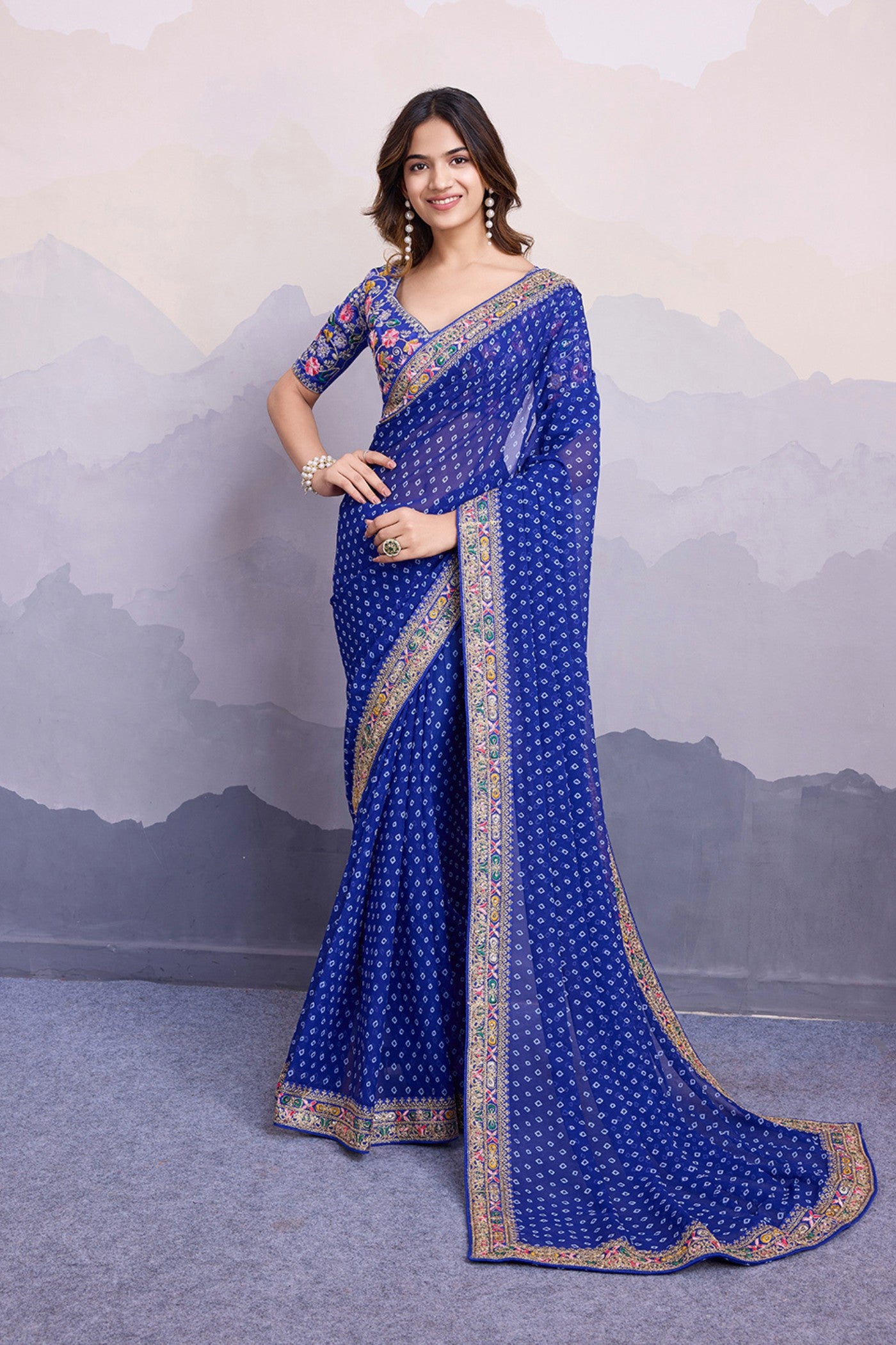 Buy MySilkLove Cobalt Blue Bandhani Georgette Printed Partywear Saree Online
