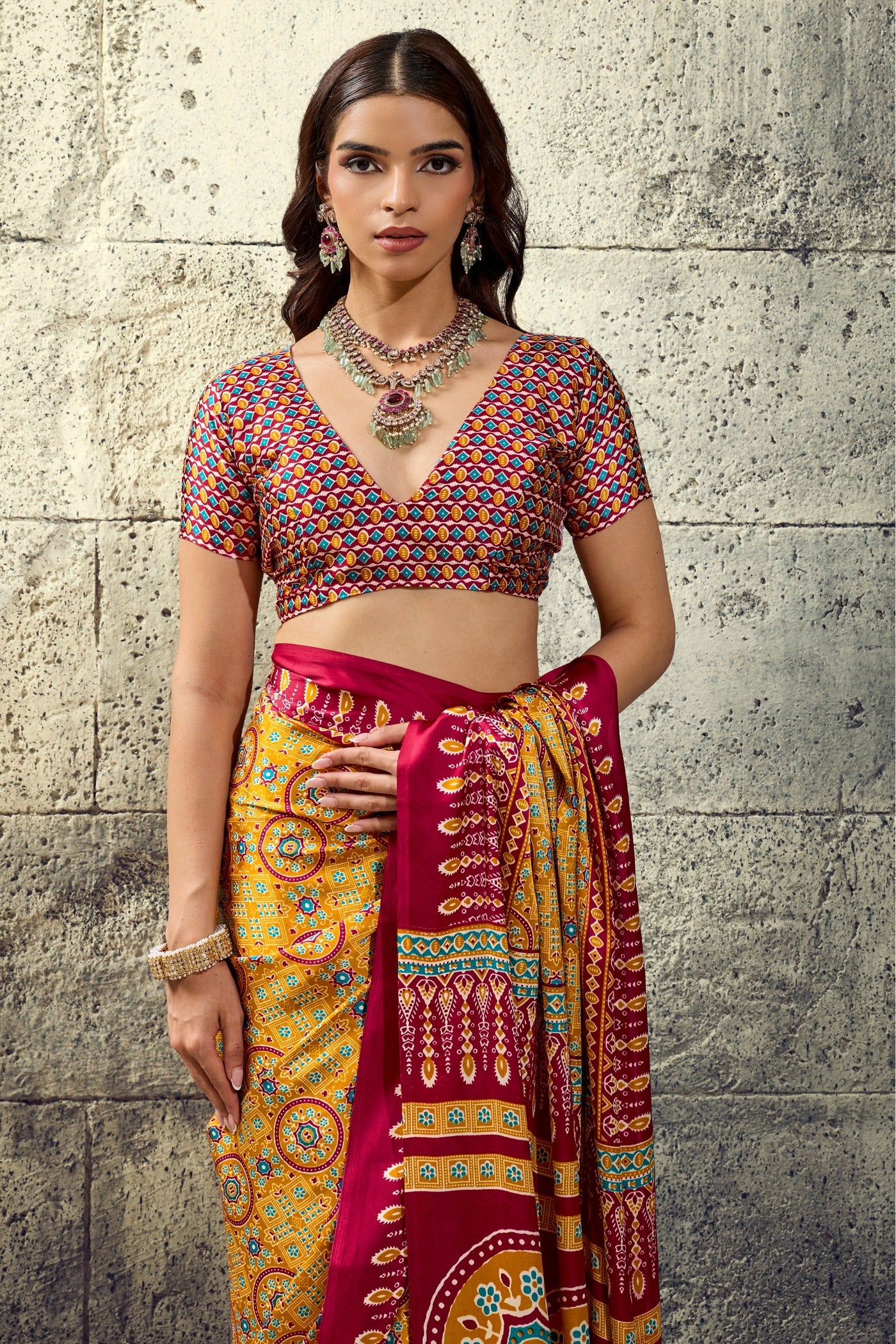 Buy MySilkLove Canary Yellow Modal Ajrakh Satin Printed Silk Saree Online