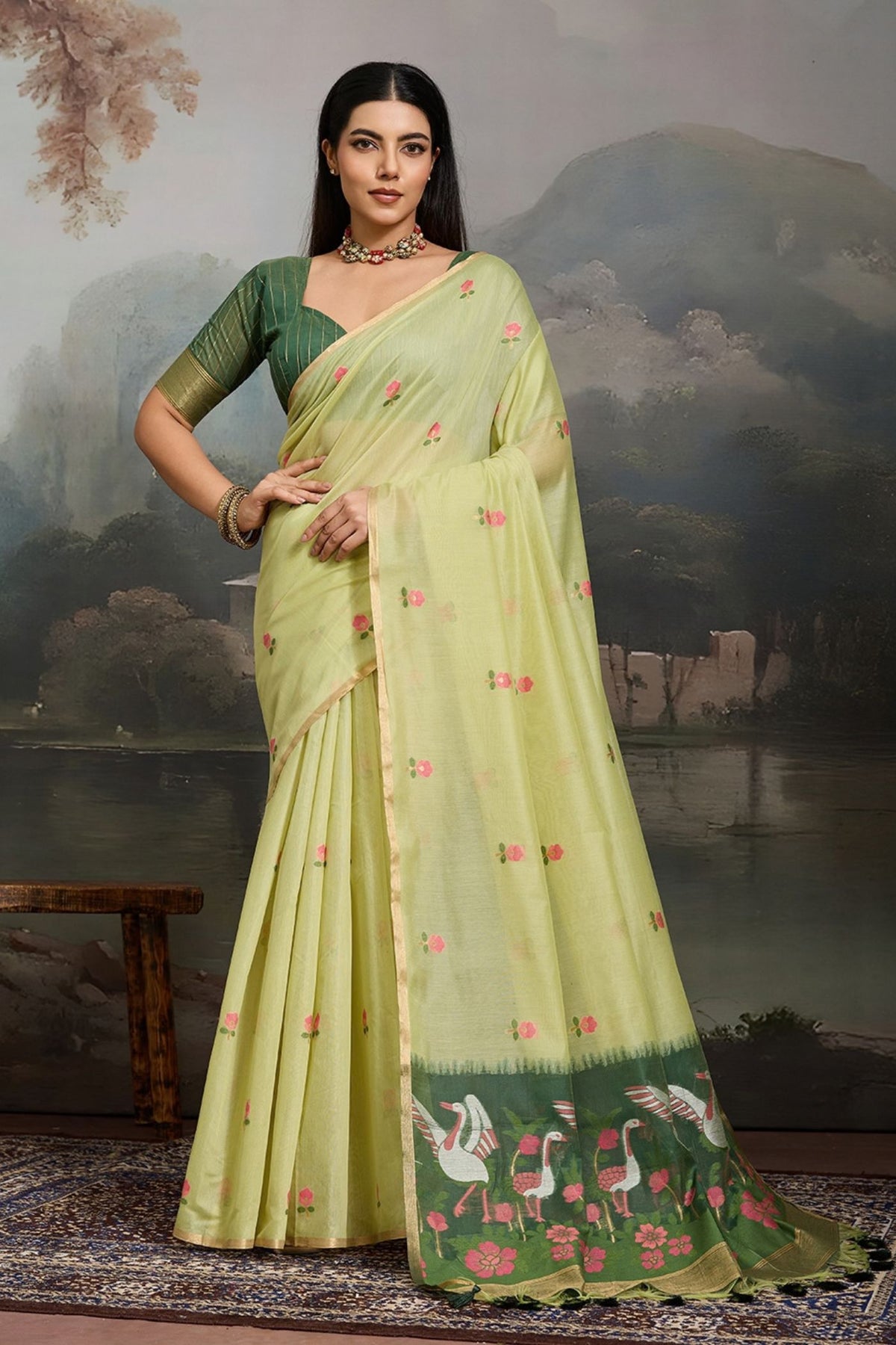 Buy MySilkLove Willow Green Cotton Handloom Swan Saree Online