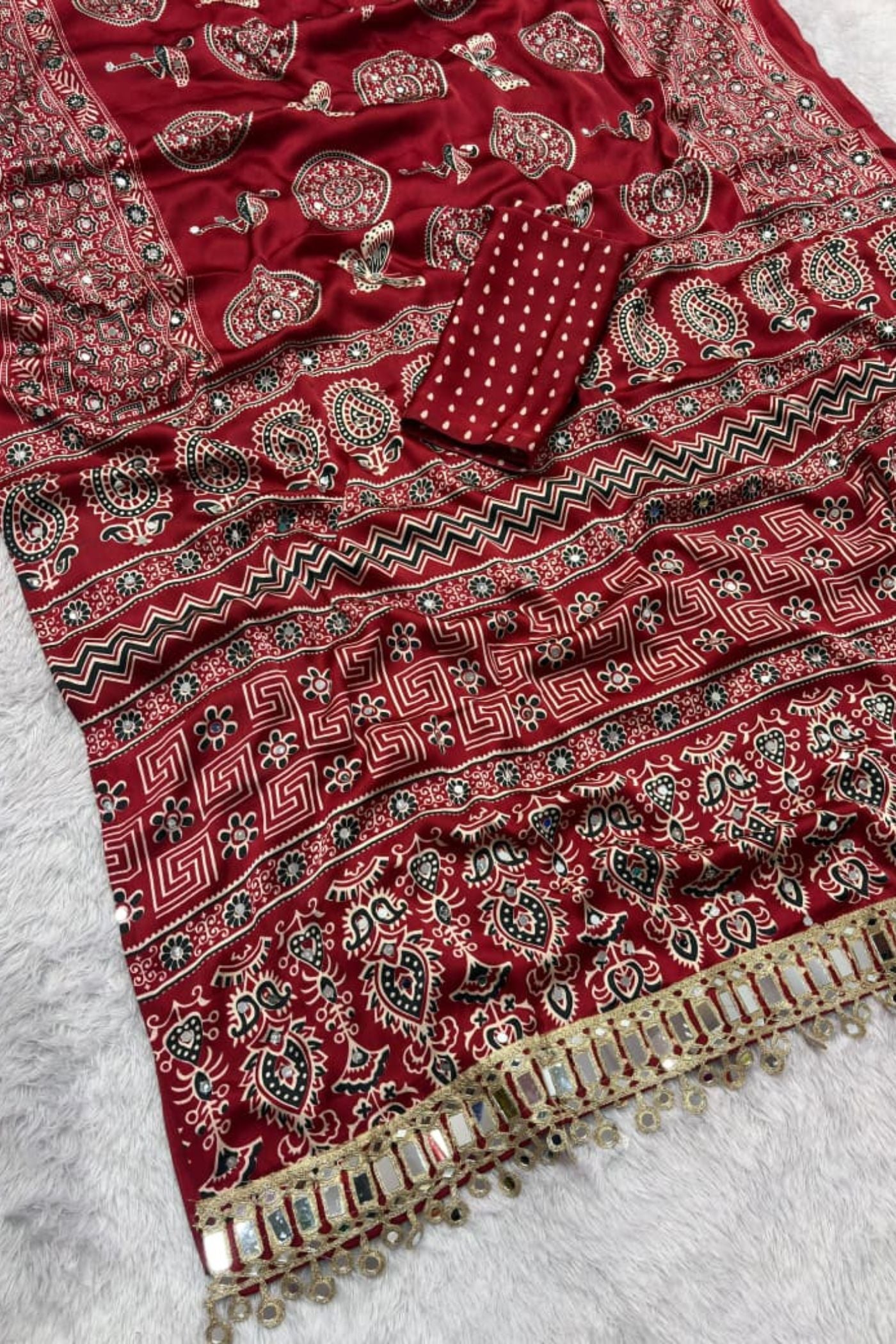 Buy MySilkLove Chili Red Ajrakh Satin Printed Mirror Work Saree Online