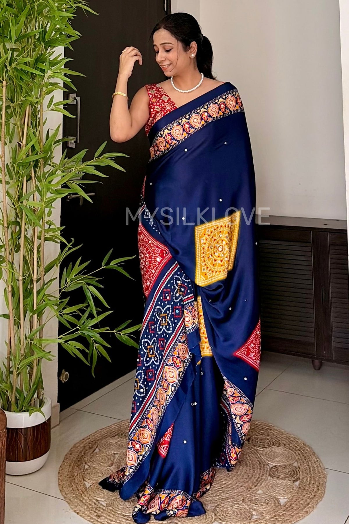 Buy MySilkLove Bluebell Blue Satin Printed Bandhani Mirror Work Saree Online