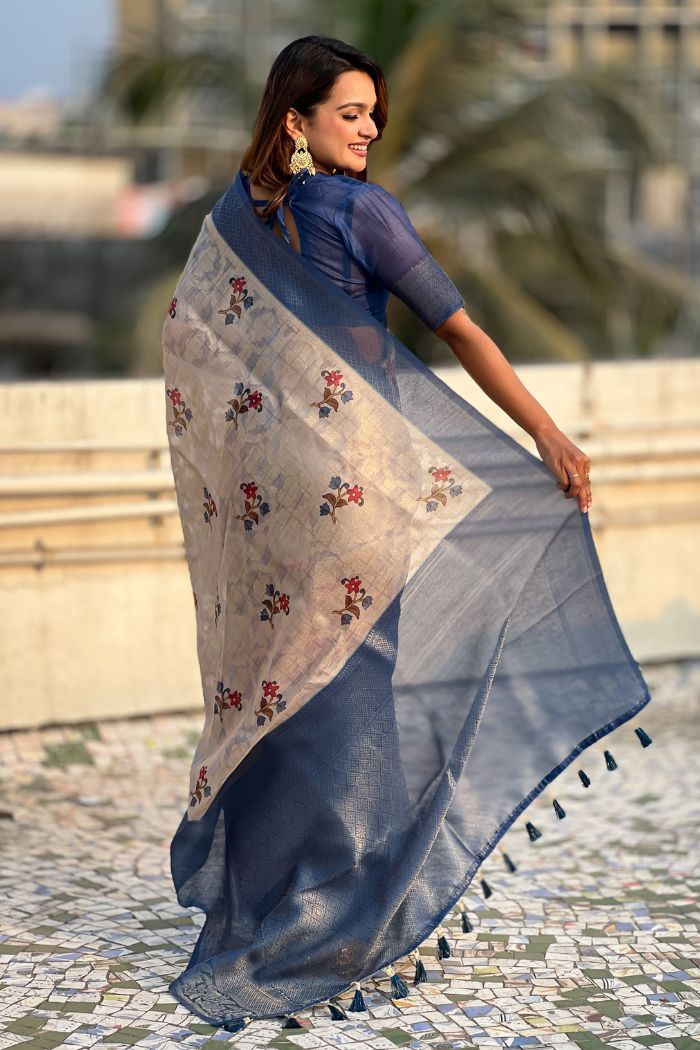 Buy MySilkLove Dust Cream and Blue Woven Cotton Saree Online