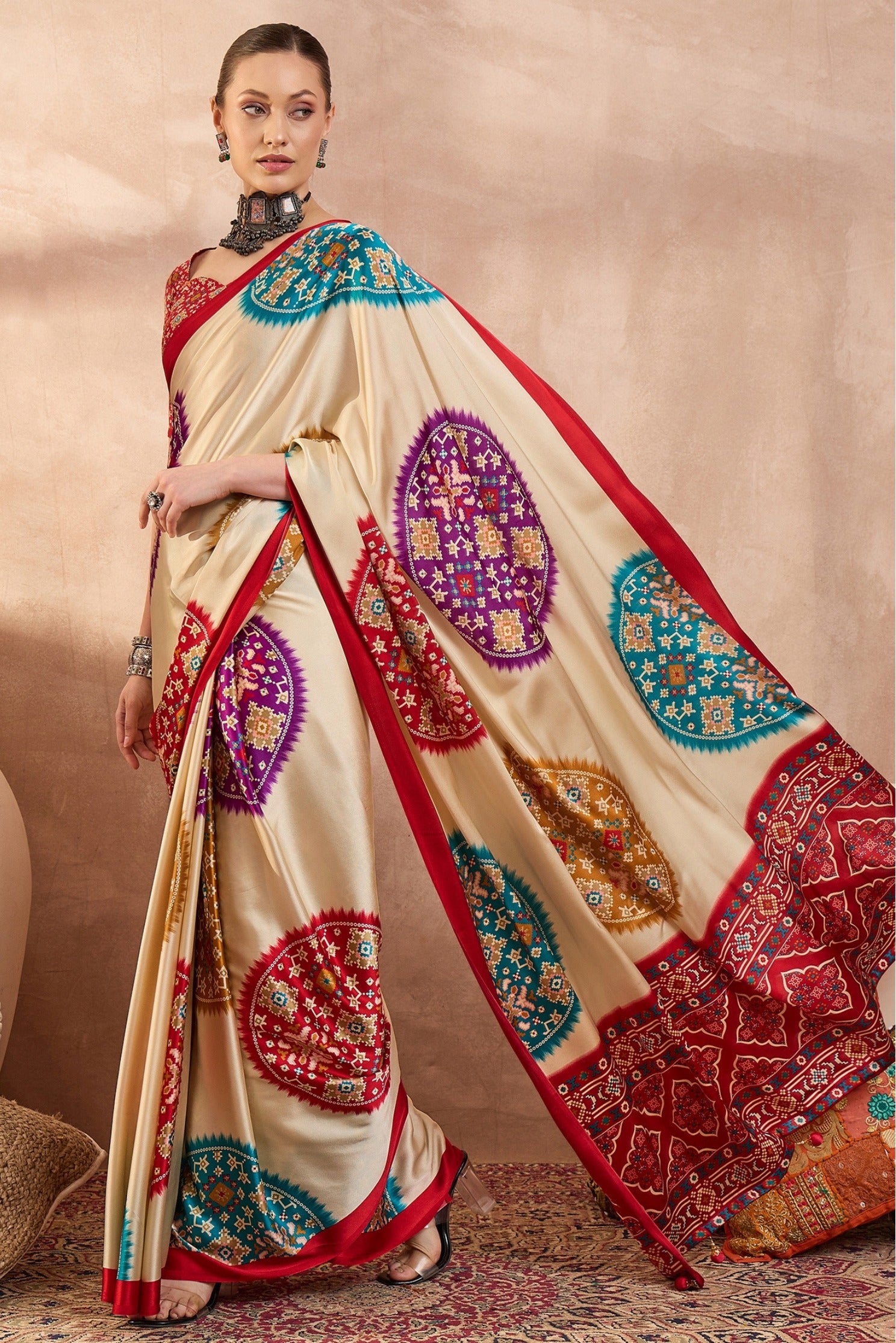 Buy MySilkLove Bright Cream and Red Modal Ajrakh Printed Silk Saree Online