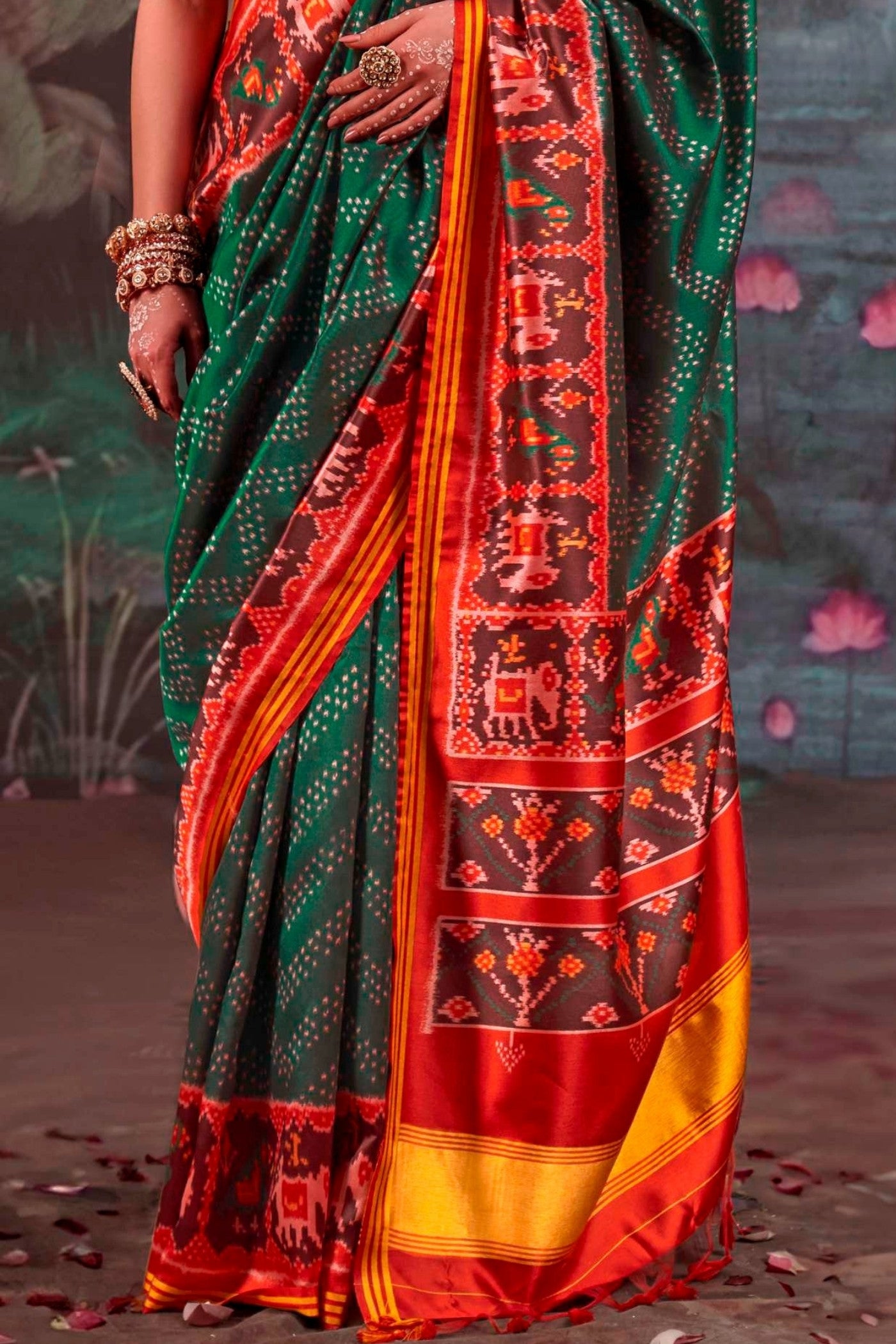 Buy MySilkLove Leaf Green Printed Patola Saree Online