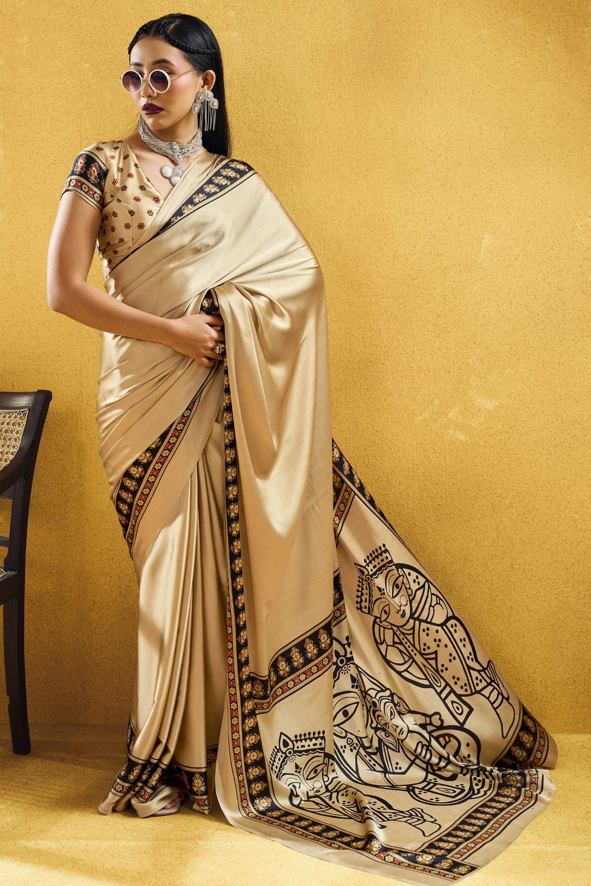 Buy MySilkLove Champagne Cream Modal Ajrakh Satin Printed Silk Saree Online