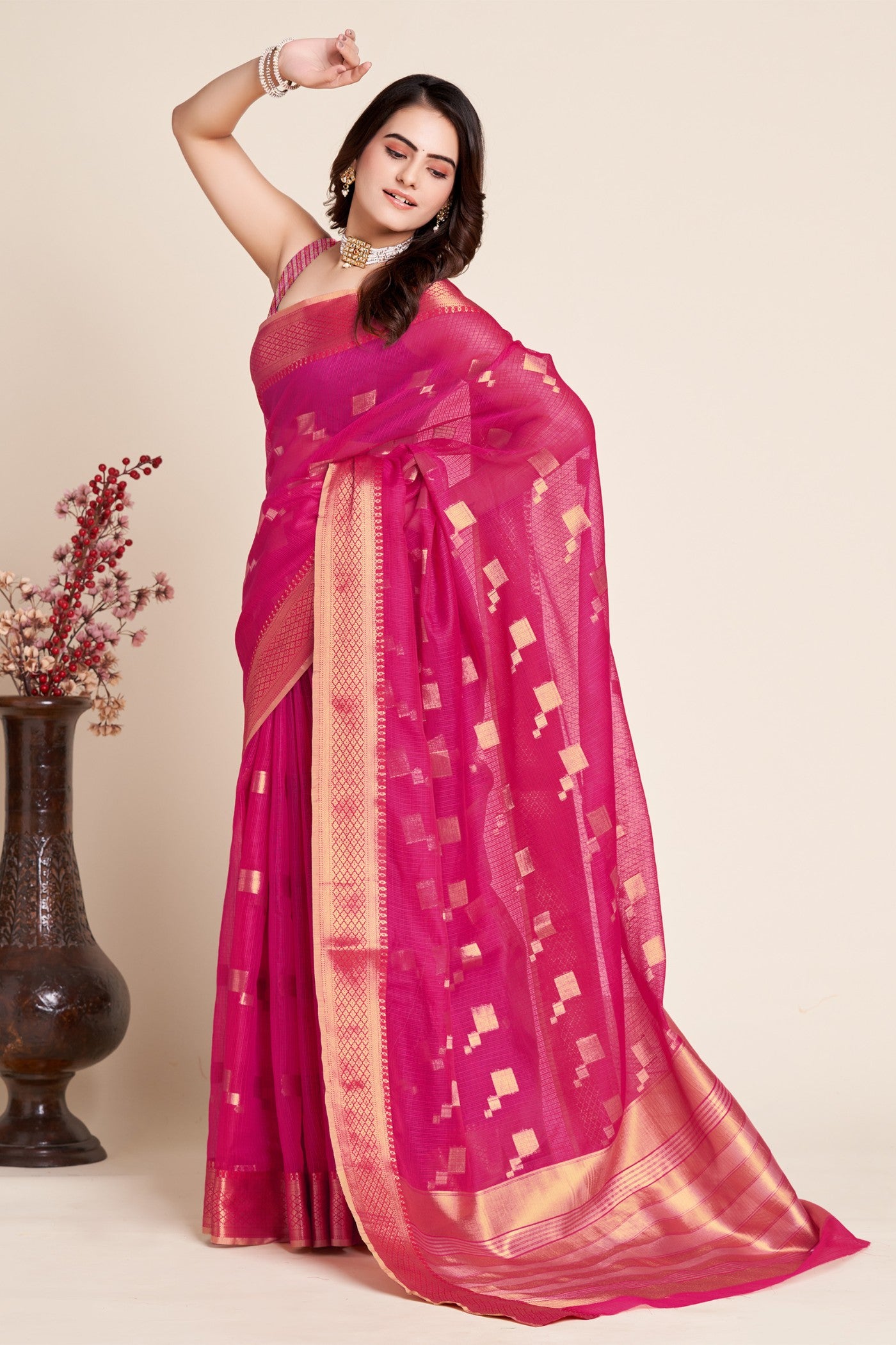 Buy MySilkLove Pink Lace Woven Manipuri Silk Saree Online