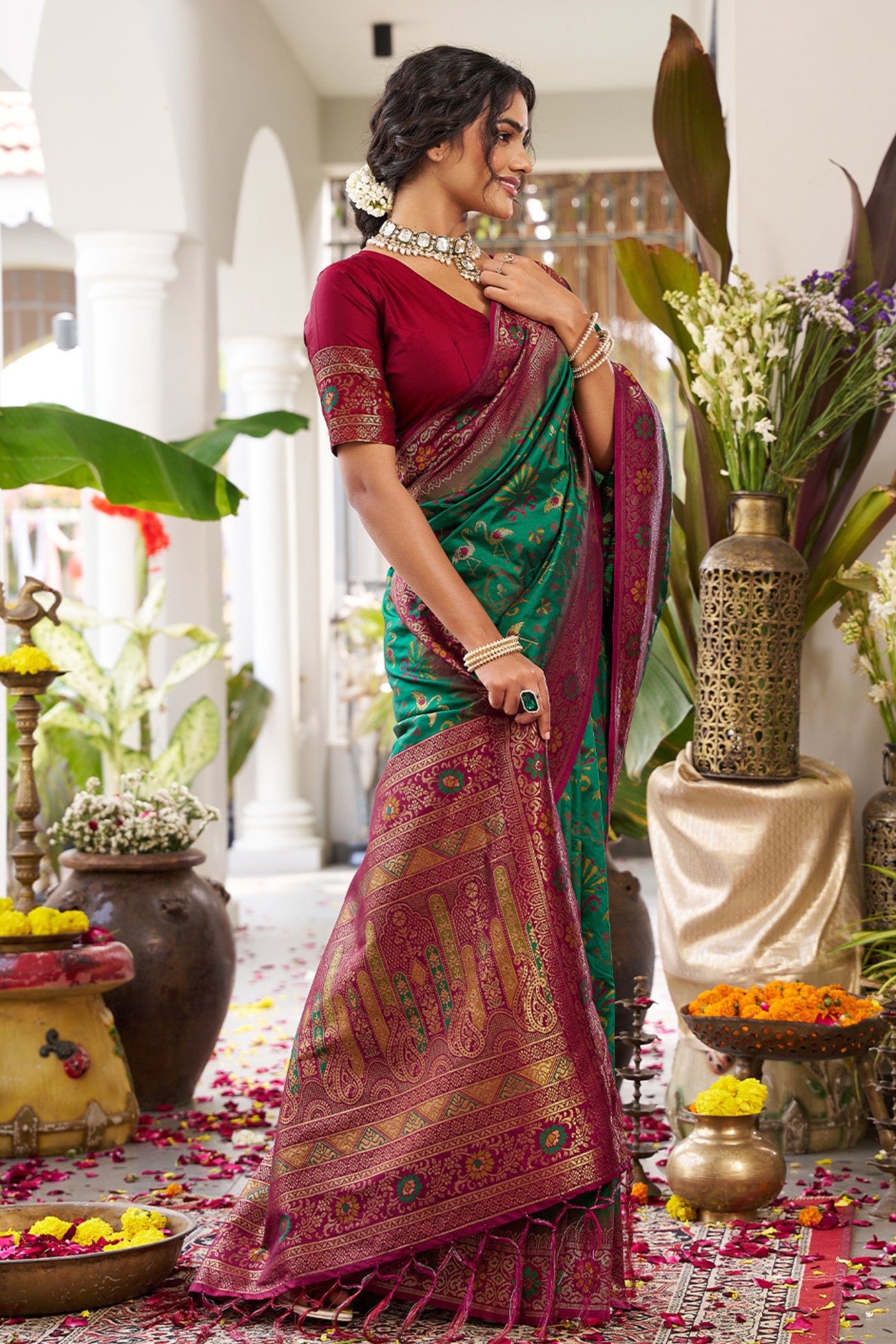 Buy MySilkLove Jungle Green Banarasi Woven Soft Silk Saree Online