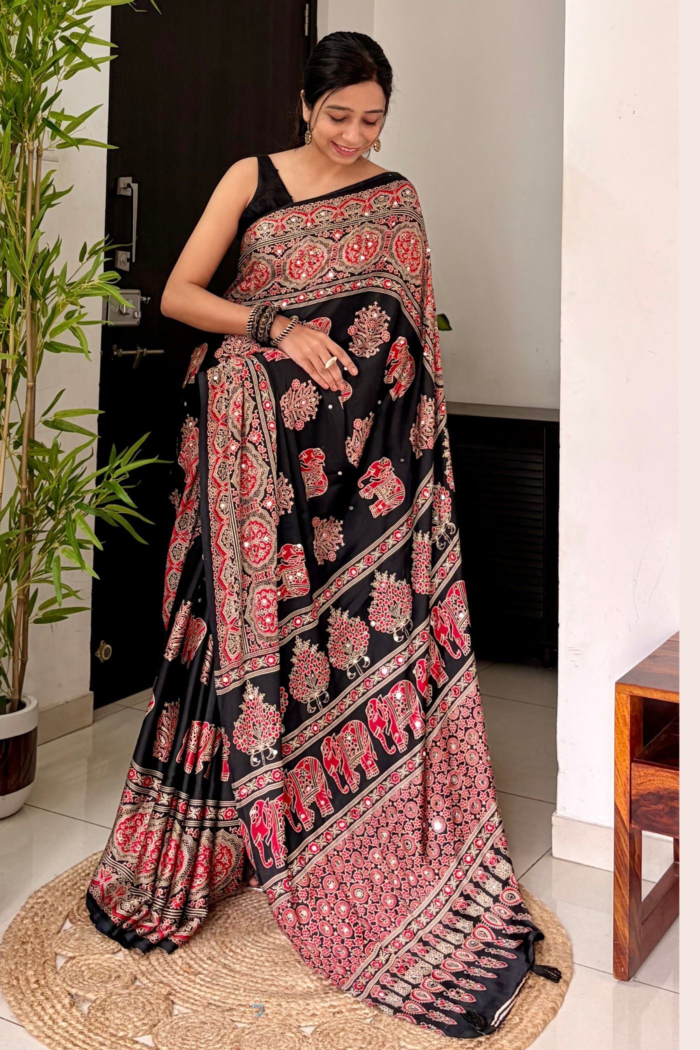 Buy MySilkLove Raven Black Ajrakh Satin Printed Mirror Work Saree Online