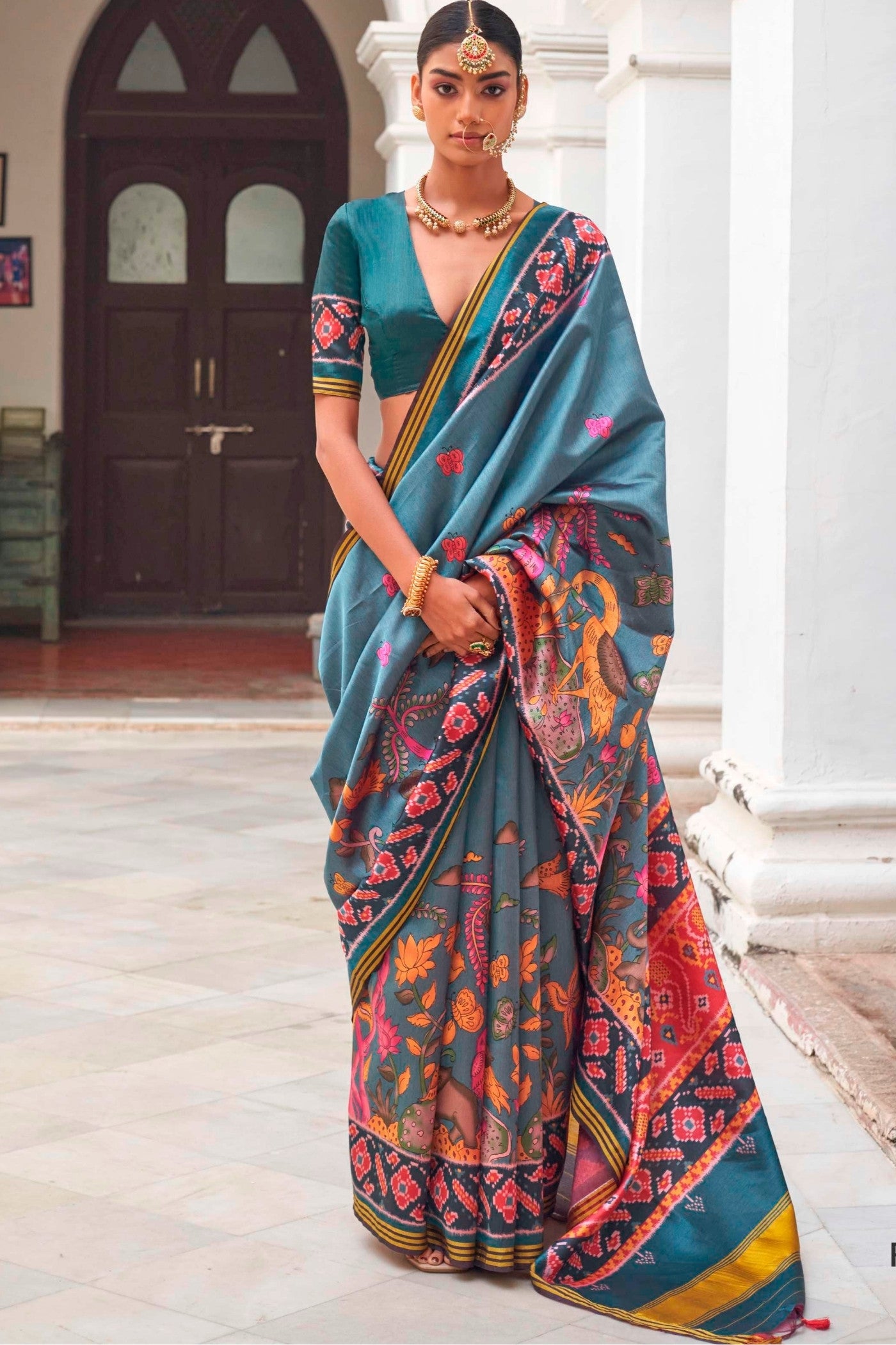 Buy MySilkLove Stratton Blue Printed Patola Saree Online