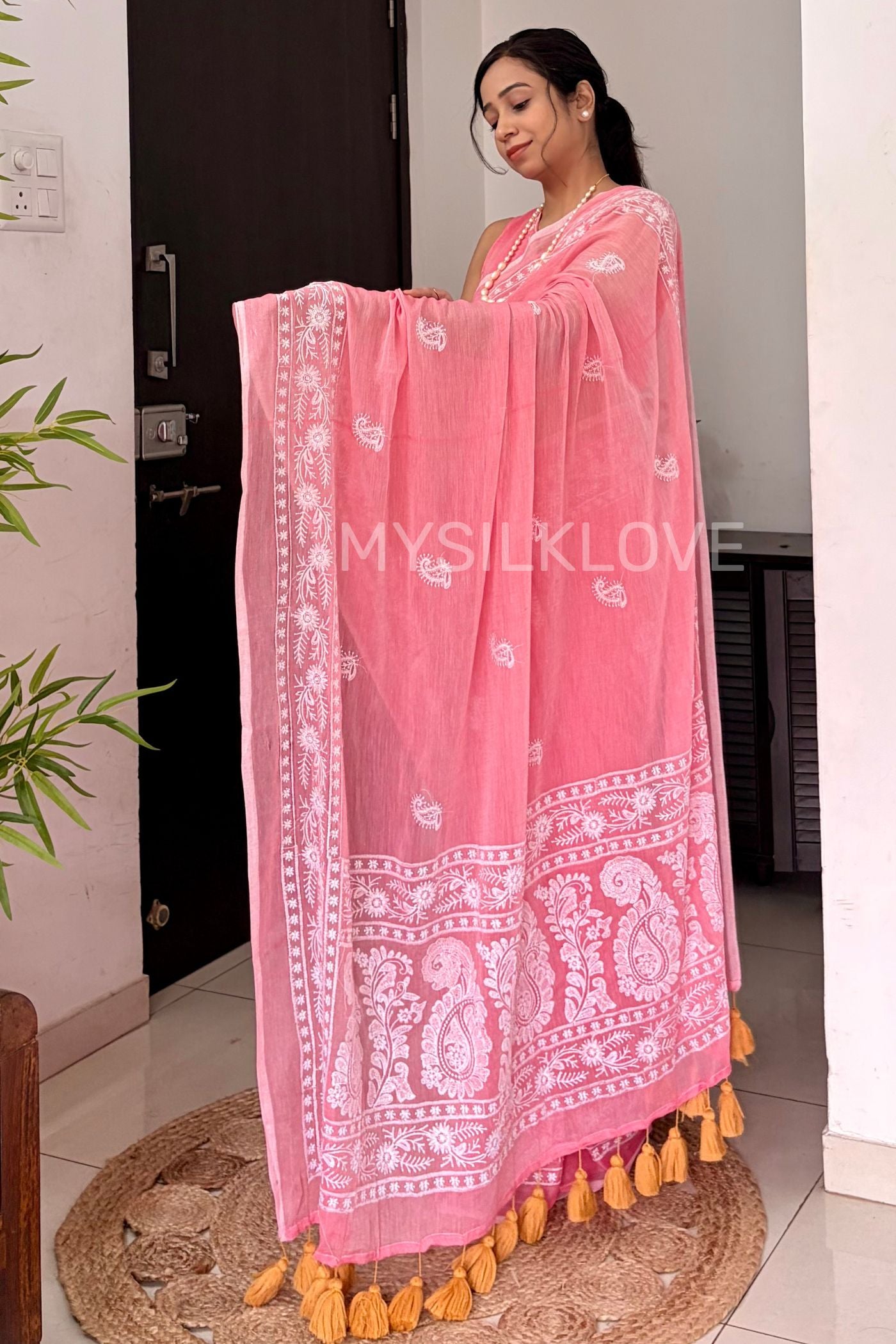 Buy MySilkLove Blossom Pink Handwoven Pure Mul Mul Cotton Chikankari Saree Online