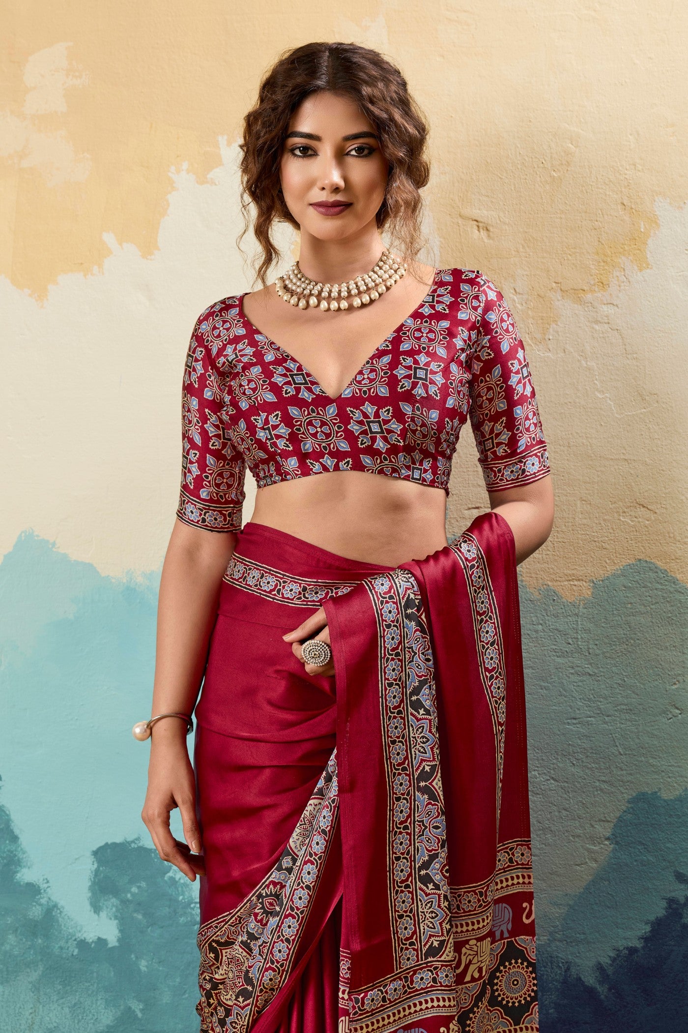 Buy MySilkLove Tomato Red Modal Ajrakh Satin Printed Silk Saree Online