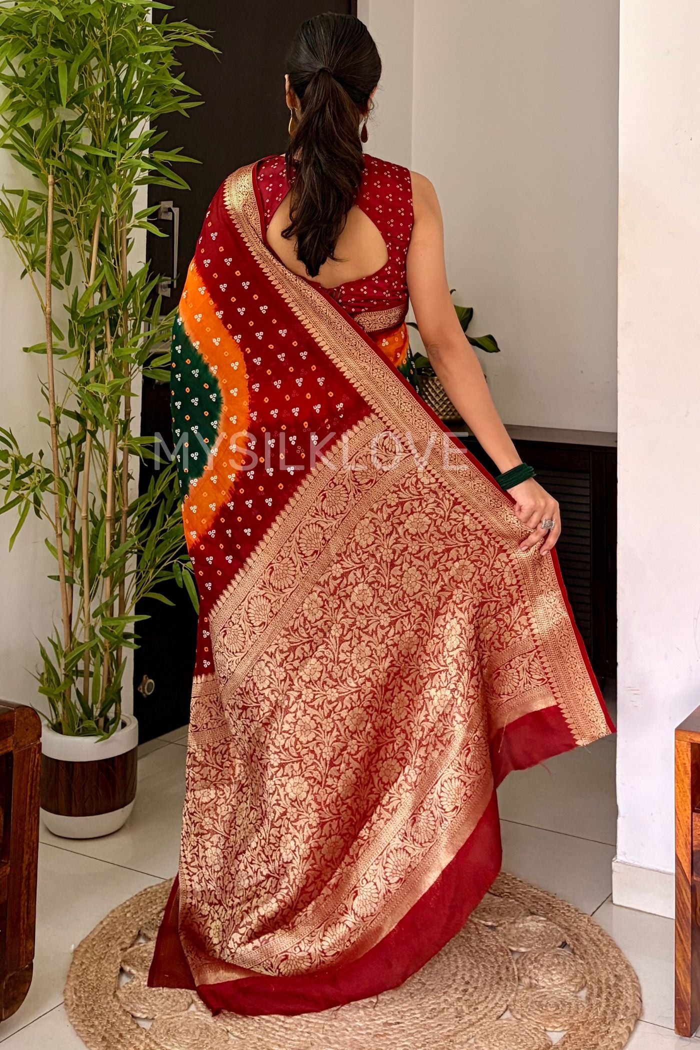 Buy MySilkLove Hunter Green and Orange Bandhani Zari Woven Silk Saree Online
