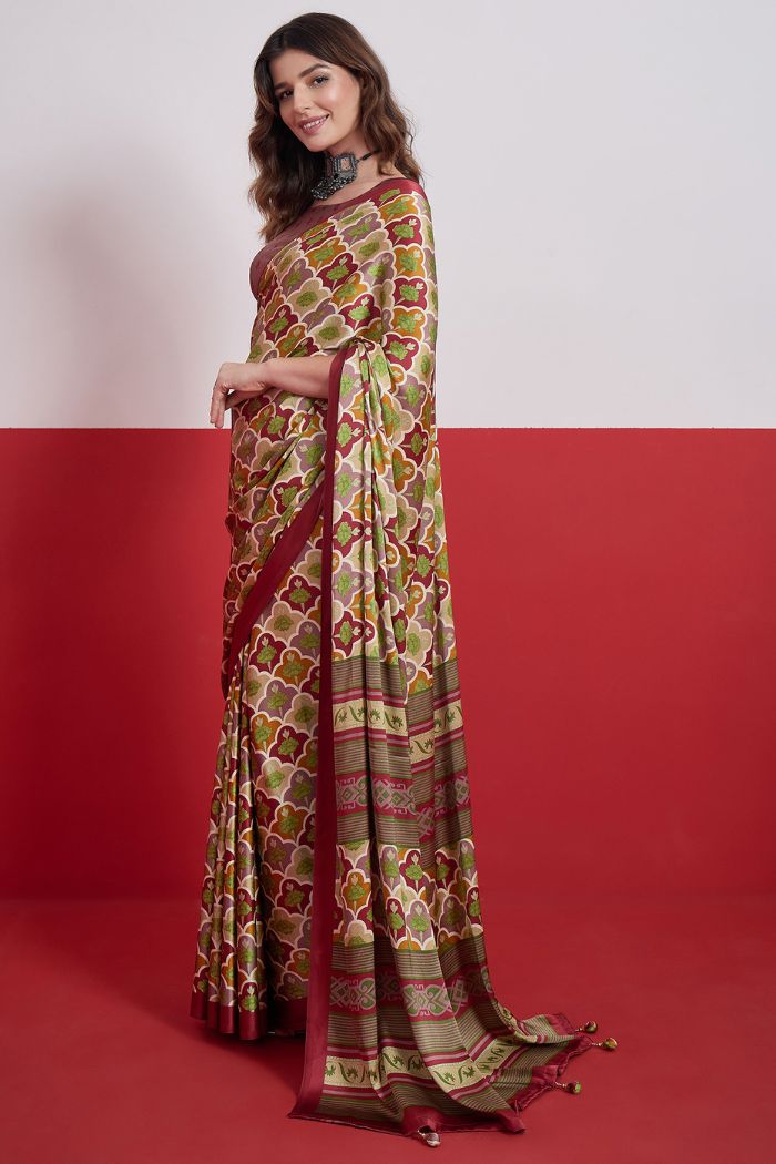 Buy MySilkLove Neutral Cream and Green Modal Satin Printed Silk Saree Online