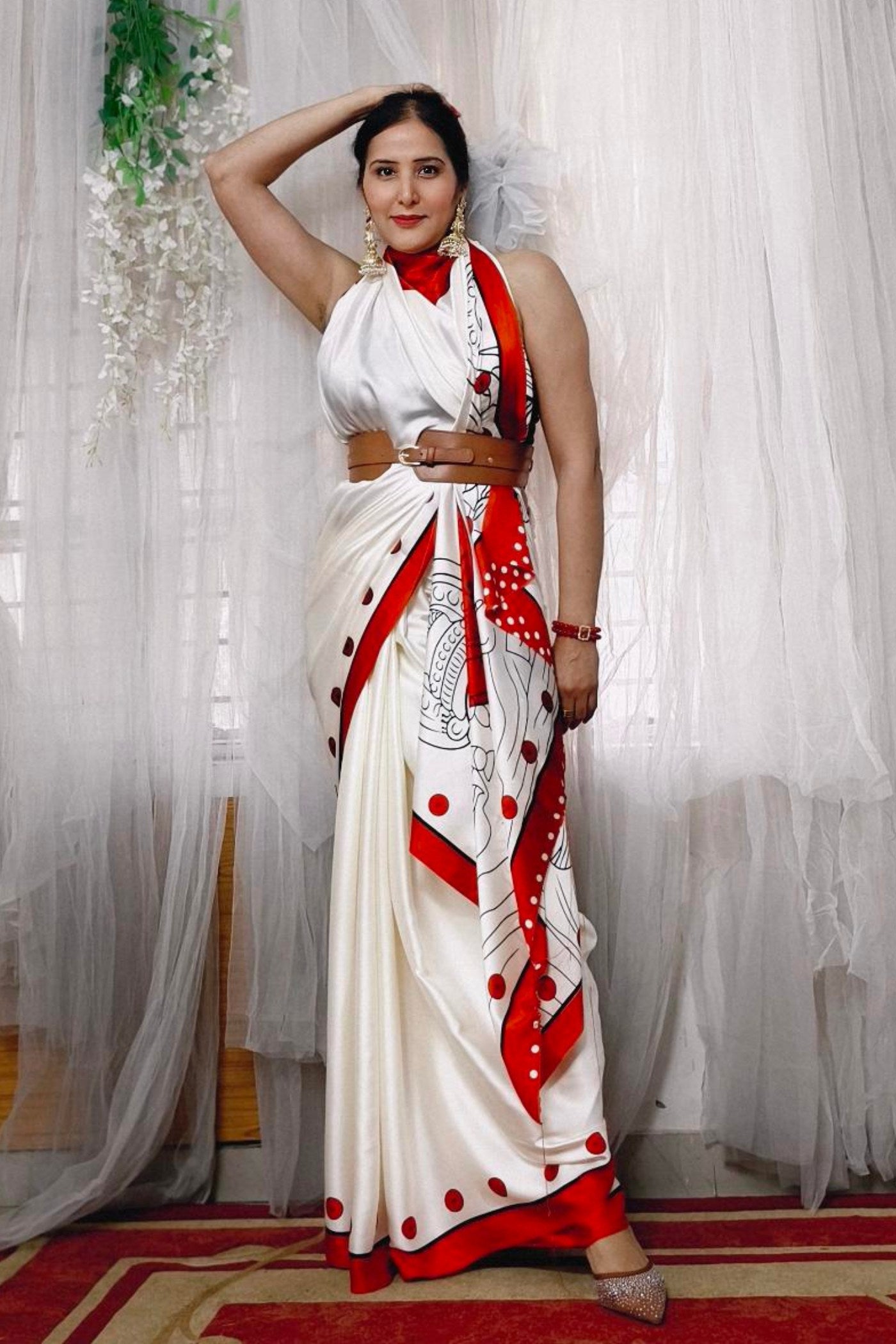 Buy MySilkLove Foggy White and Red Printed Satin Crepe Silk Saree Online