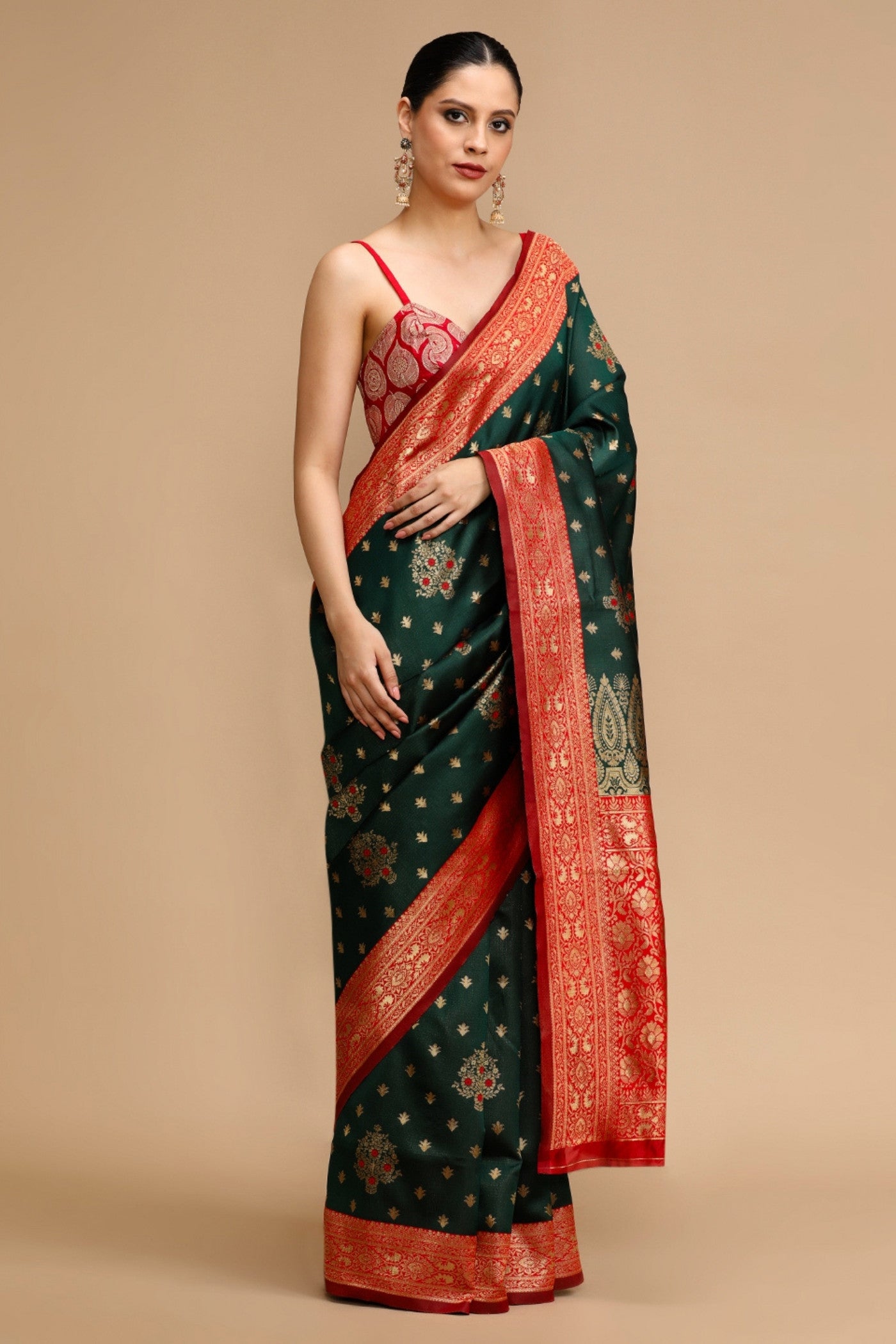 Buy MySilkLove Sage Green and Red Woven Jacquard Lichi Silk Saree Online