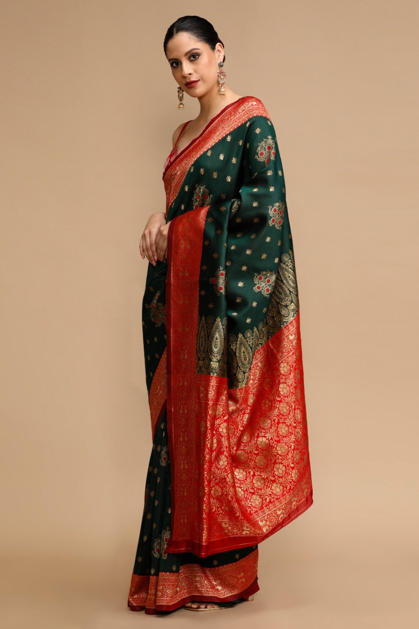 Buy MySilkLove Sage Green and Red Woven Jacquard Lichi Silk Saree Online