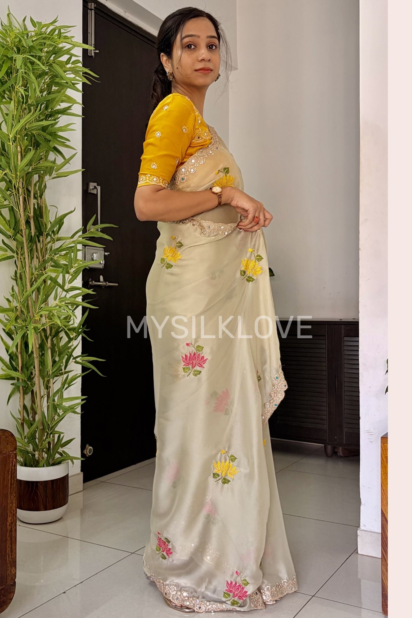 Buy MySilkLove Milk Cream and Yellow Embroidery Chiffon Floral Saree Without Blouse Online