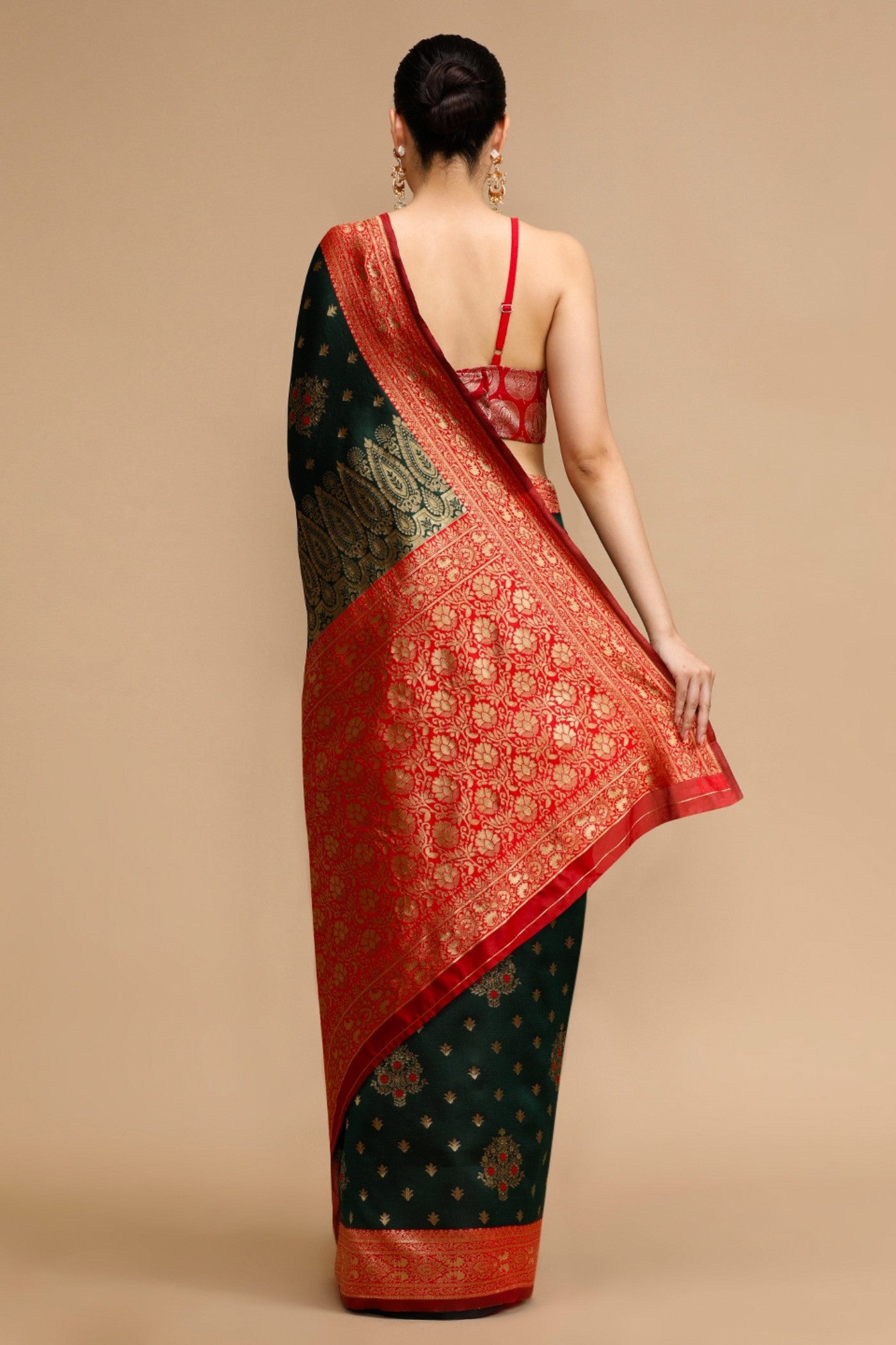 Buy MySilkLove Sage Green and Red Woven Jacquard Lichi Silk Saree Online