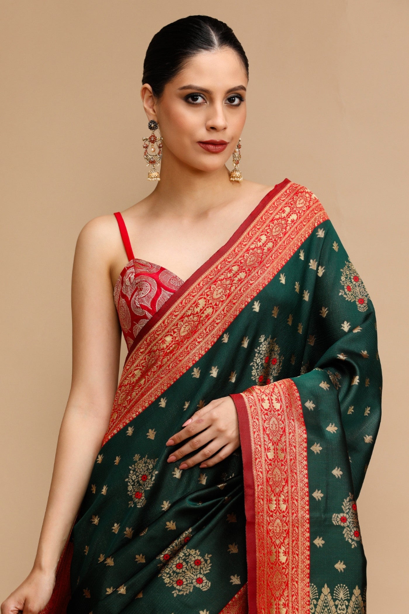 Buy MySilkLove Sage Green and Red Woven Jacquard Lichi Silk Saree Online