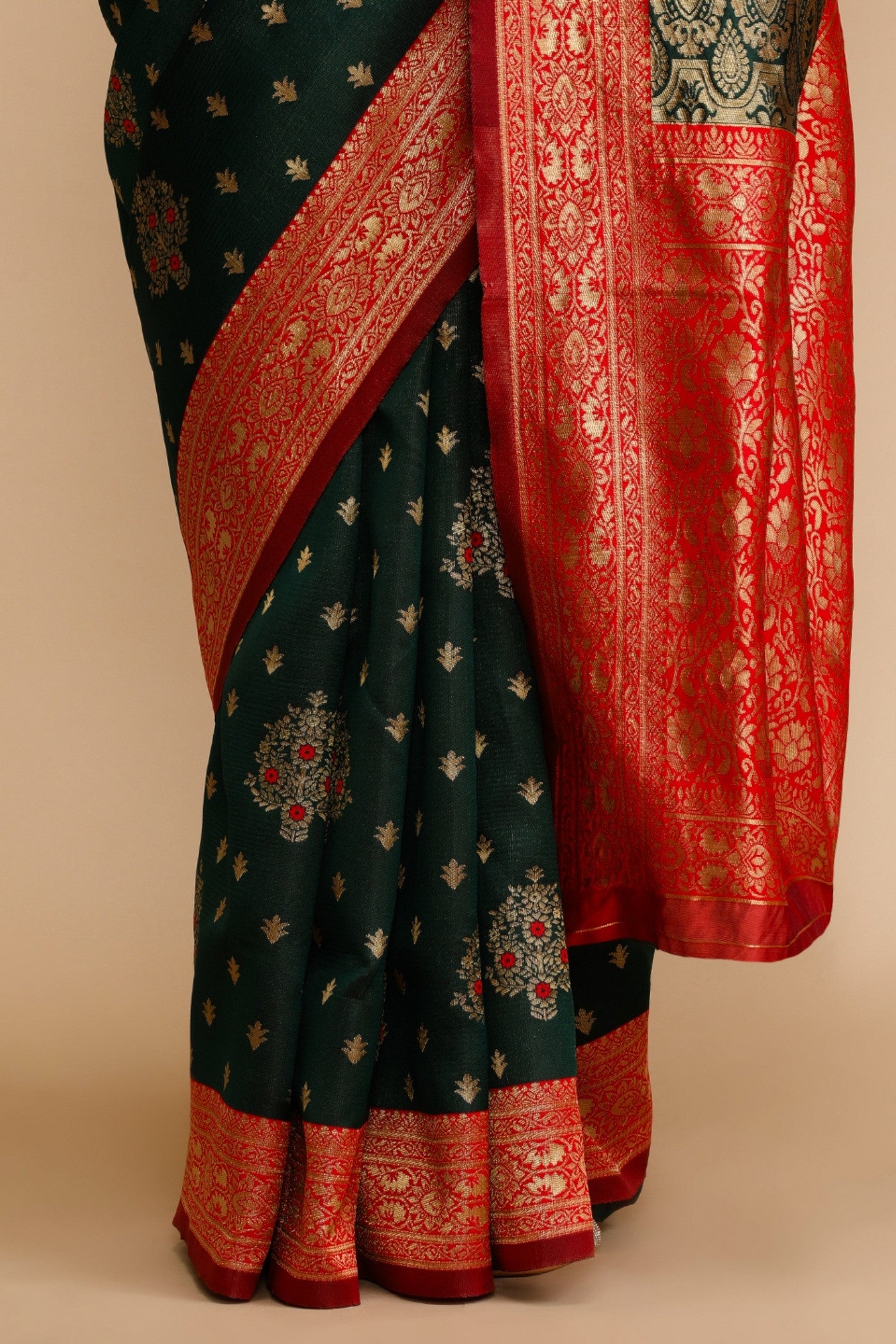 Buy MySilkLove Sage Green and Red Woven Jacquard Lichi Silk Saree Online