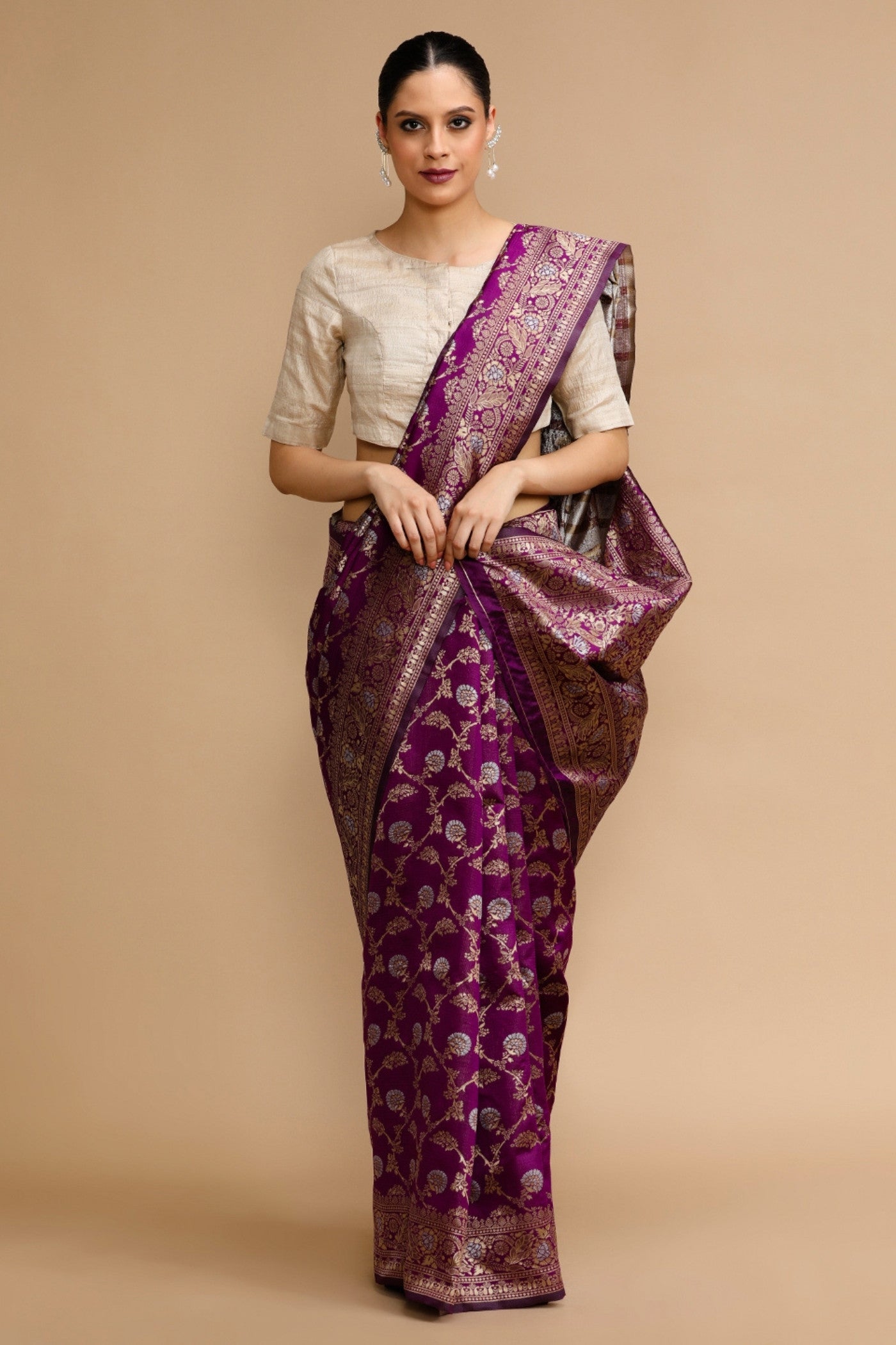 Buy MySilkLove Plum Puple Woven Jacquard Lichi Silk Saree Online
