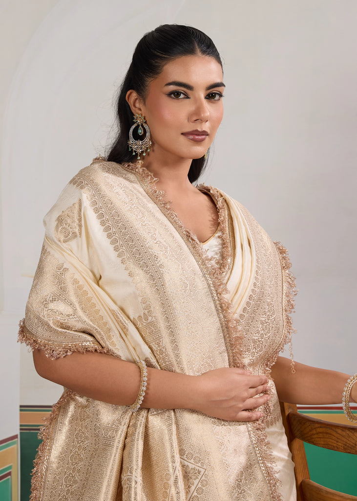 Buy MySilkLove Floral White Woven Banarasi Satin Silk Saree Online