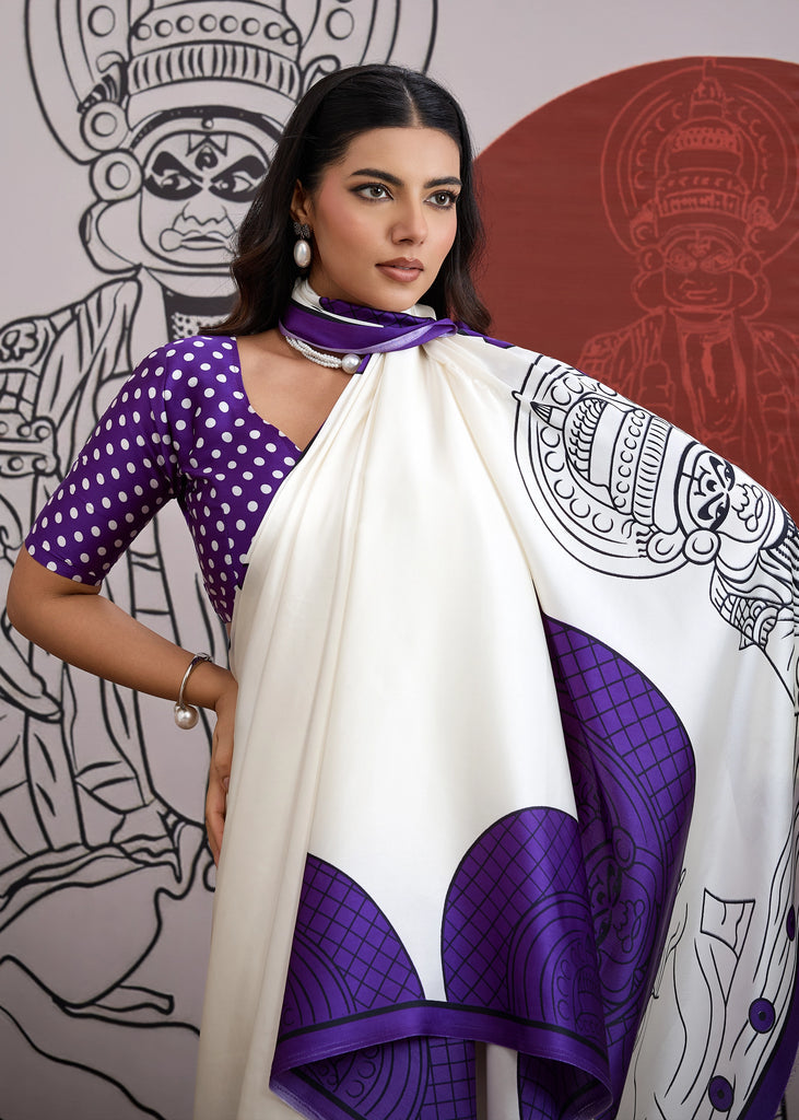 Buy MySilkLove Grape Purple and White Printed Satin Crepe Silk Saree Online
