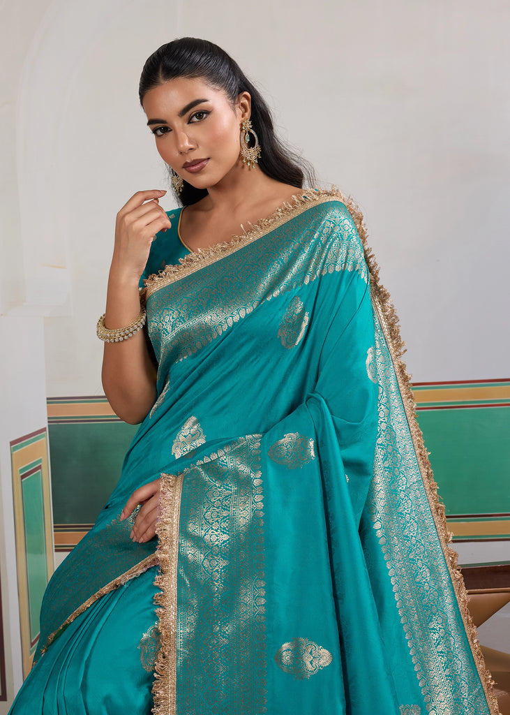 Buy MySilkLove Cyan Bue Woven Banarasi Satin Silk Saree Online