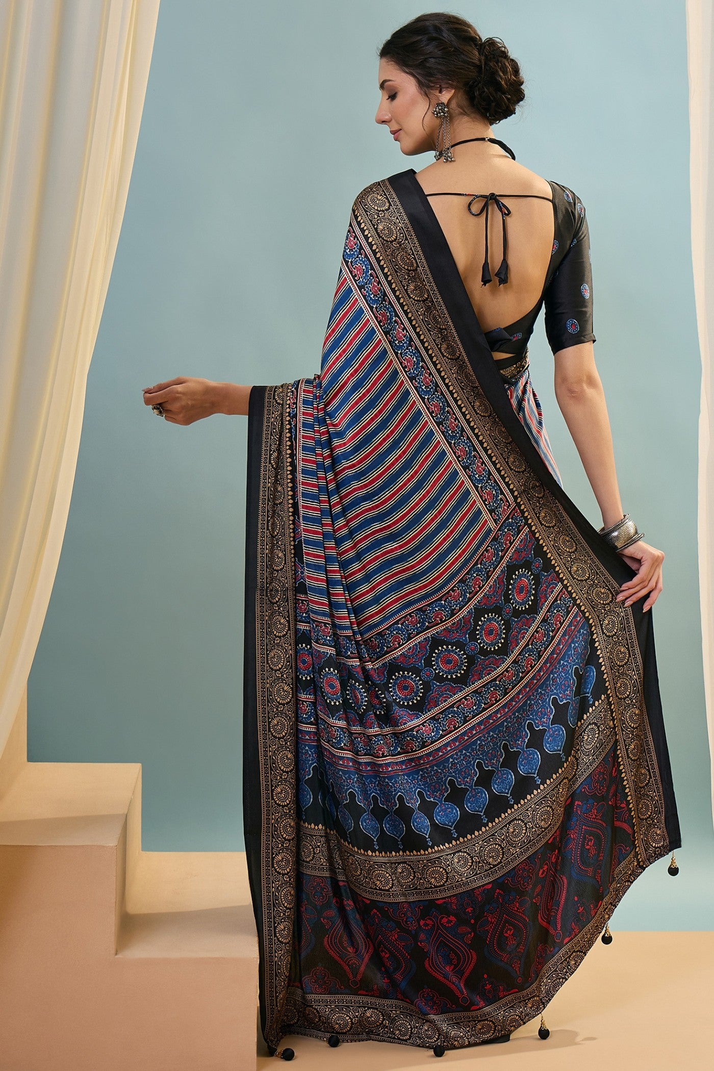 Buy MySilkLove Holo Blue Ajrakh Printed Satin Crepe Silk Saree Online