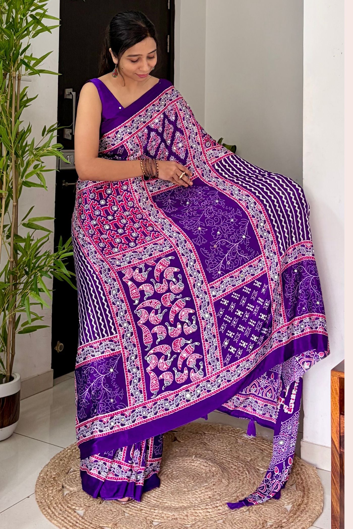Buy MySilkLove Insolent Purple Ajrakh Satin Printed Mirror Work Saree Online