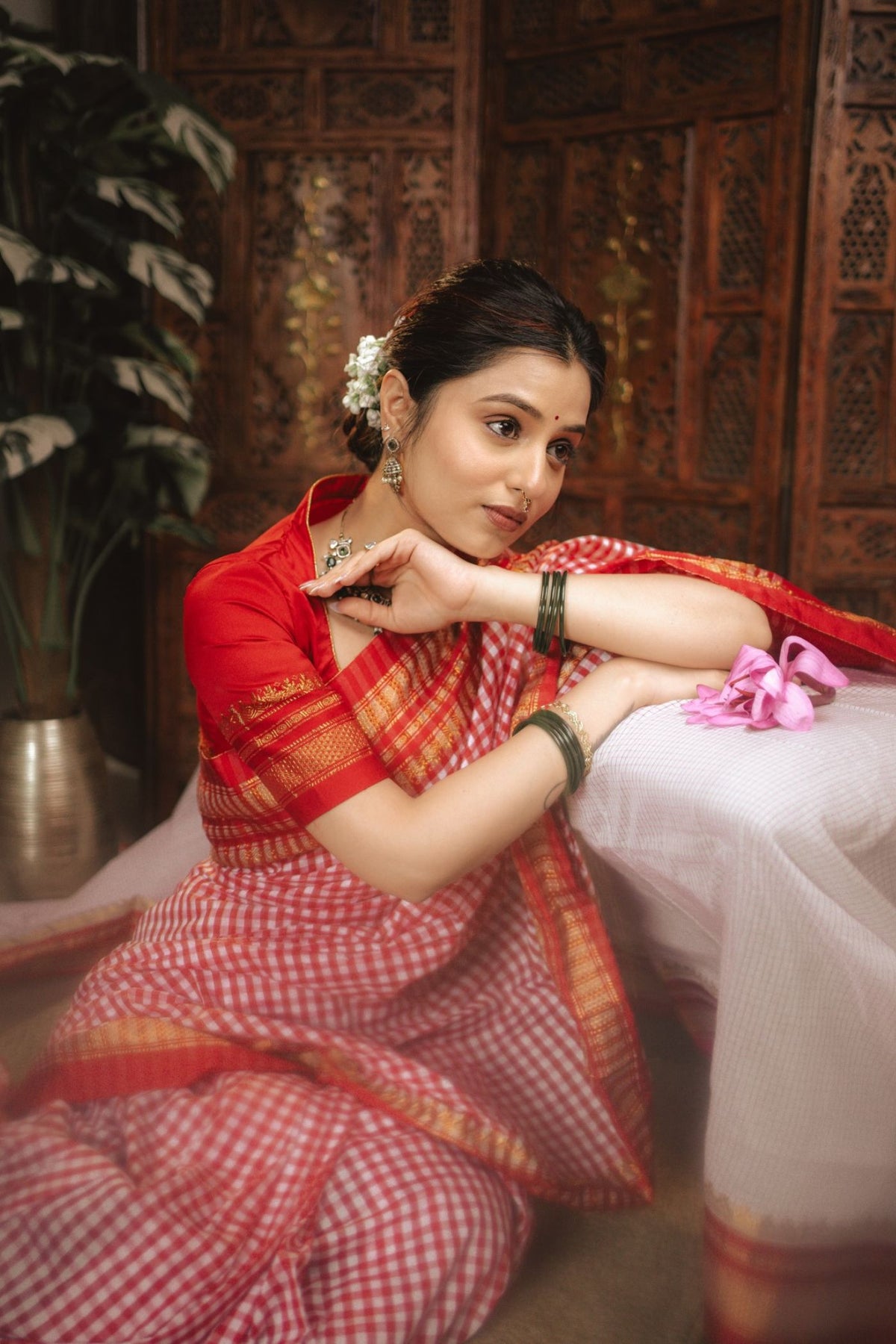 Buy MySilkLove Scarlet Red Checks Pattern Pure Silk Irkal Saree Online