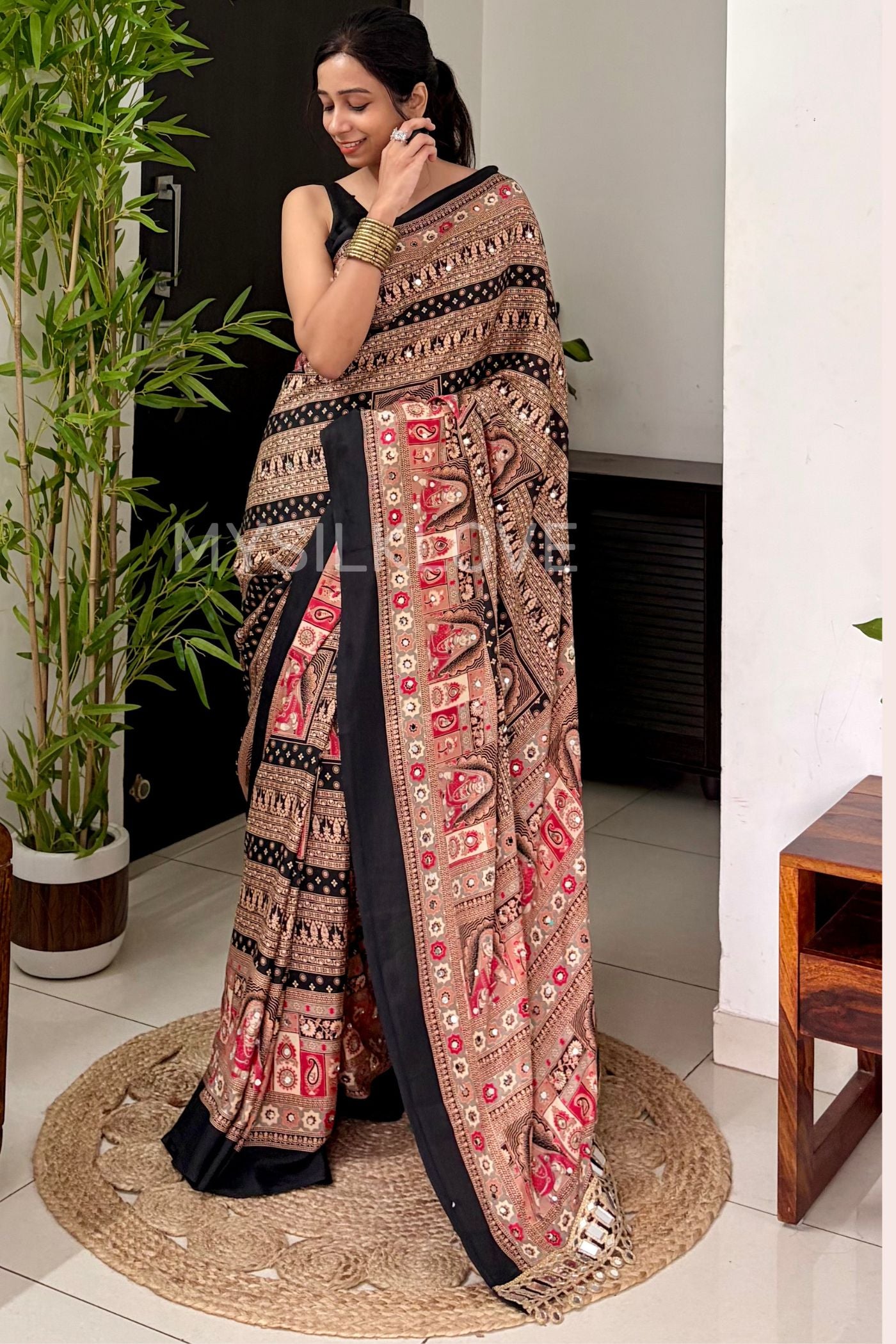 Buy MySilkLove Velvet Black Dulhan Print Satin Mirror Work Saree Online