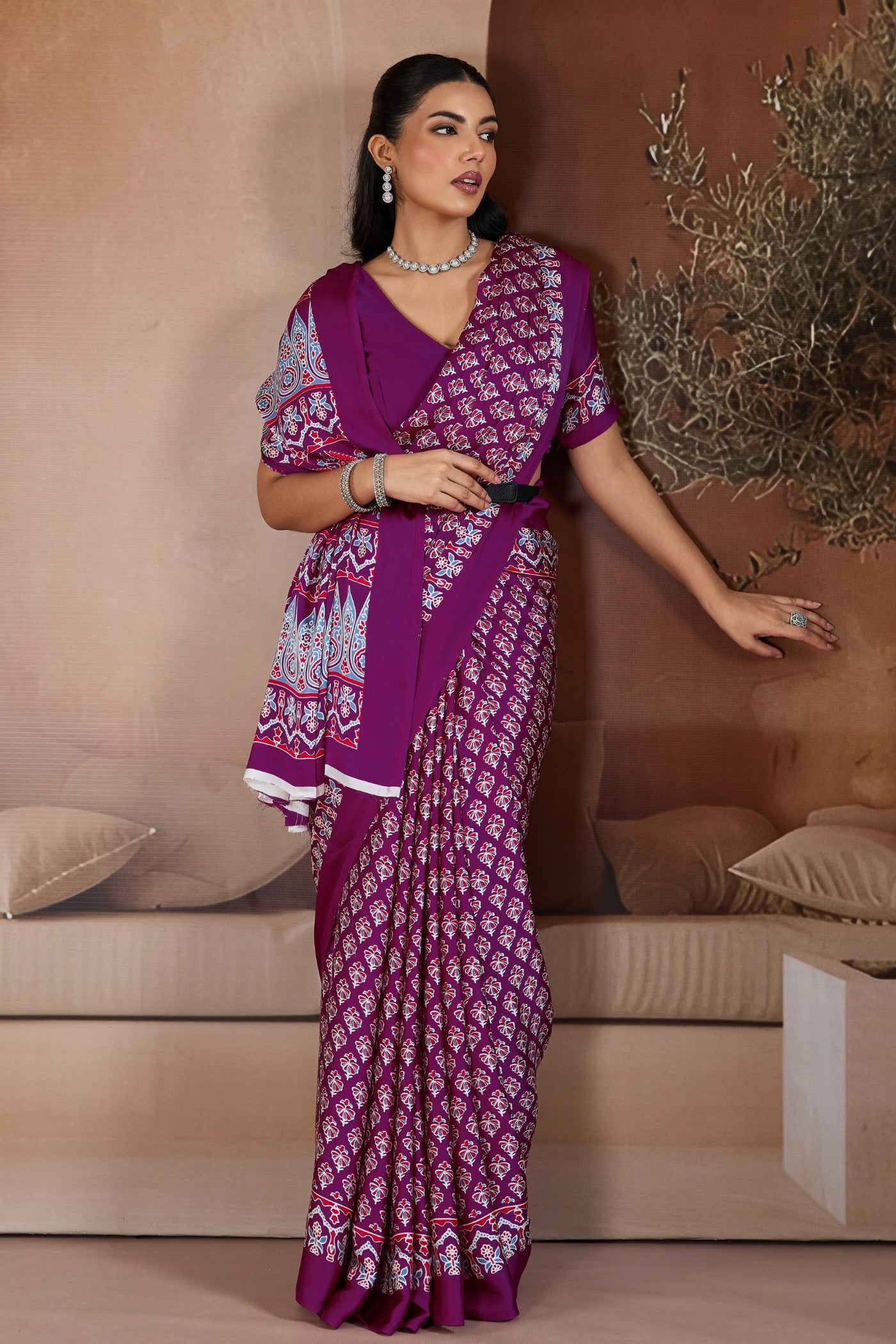 Buy MySilkLove Berry Purple Ajrakh Printed Satin Crepe Silk Saree Online