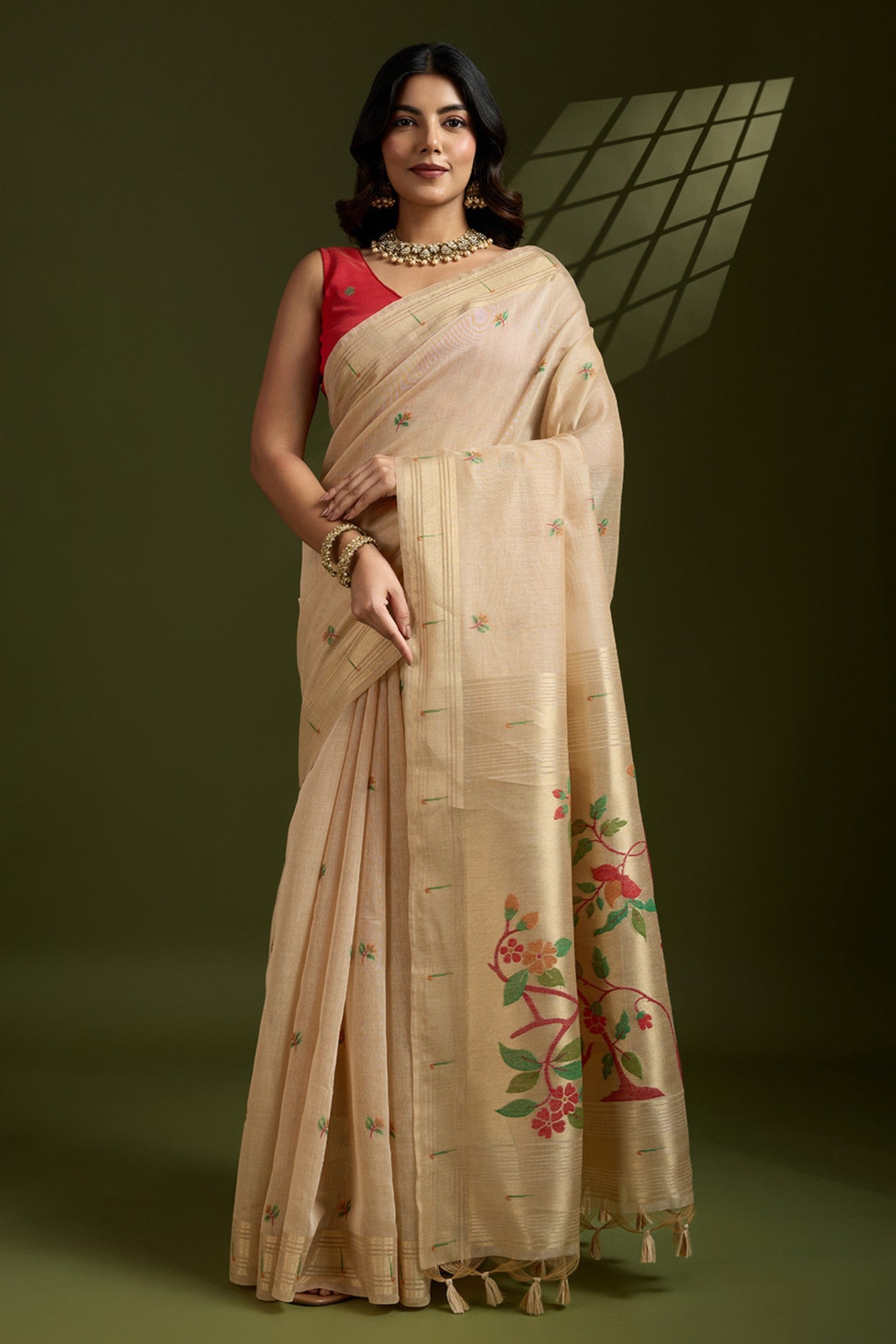 Buy MySilkLove Autumn Cream Woven Muga Cotton Paithani Saree Online