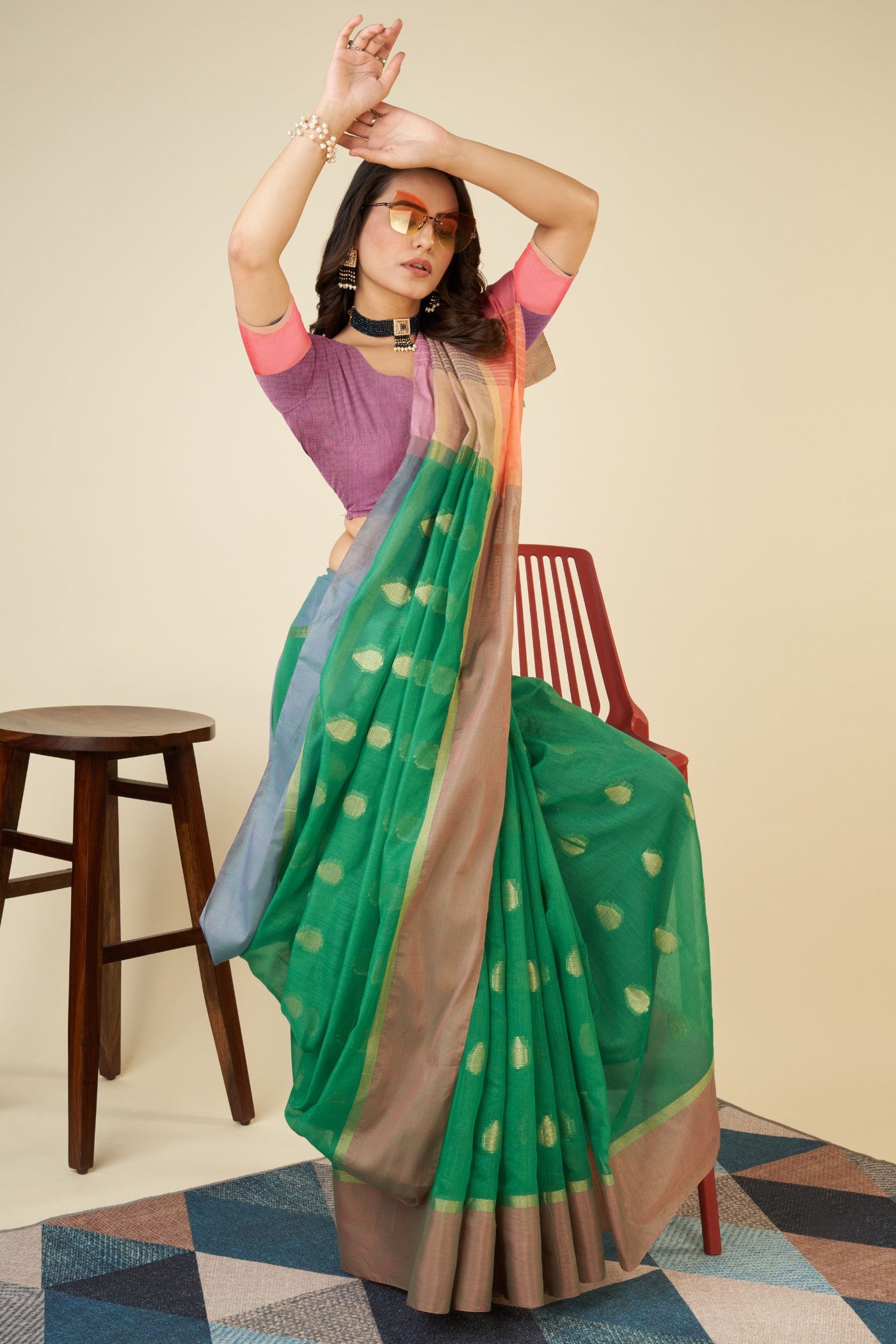 Buy MySilkLove Chartreuse Green Woven Cotton Saree Online