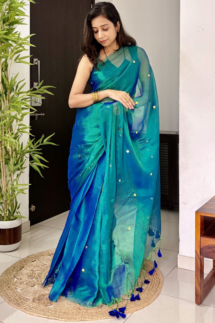Buy MySilkLove Egyptian Blue Tissue Woven Saree Online